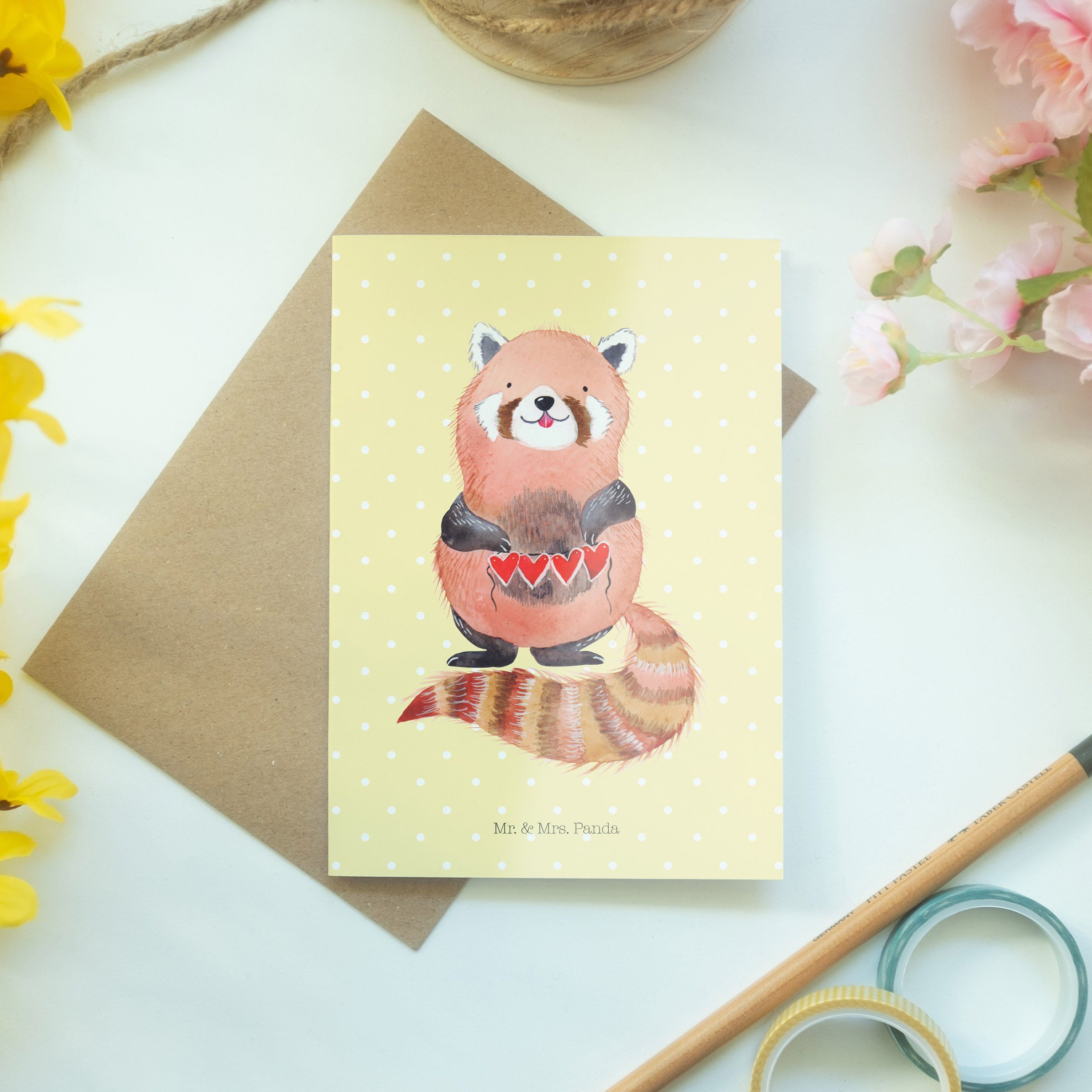 Mr. Roter Pastell & - Einladungskarte, Geschenk, Mrs. Panda Gelb - Grußkarte Panda Herz Tiere,