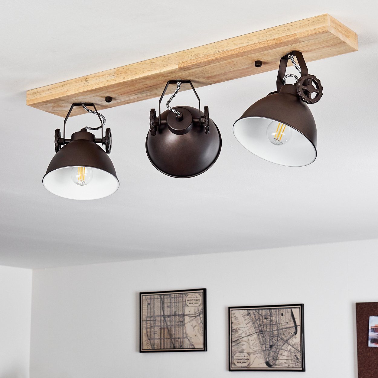 hofstein Deckenleuchte »Mot« Deckenlampe aus Metall/Holz in Schwarz-Braun/Natur, ohne Leuchtmittel, mit verstellbaren Strahlern, 3xE14, Retro/Vinatge Design – Bild 5 von 5