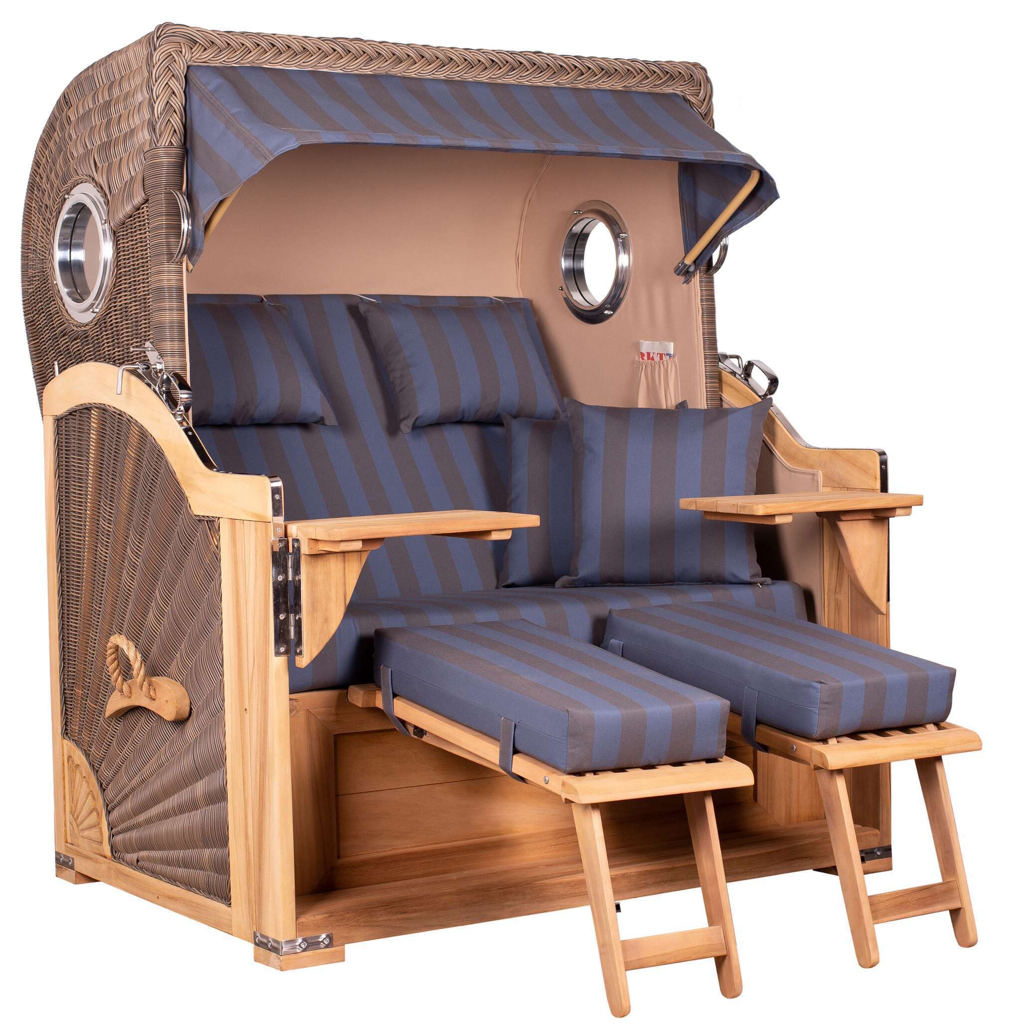 MR.DEKO Strandkorb XXL Baltikum 2,5-Sitzer Bullauge Teak PE Grey 142x170x95, BxTxH: 142x95x170 cm, Volllieger, Baltikum, (Wetterfester 2,5-Sitzer Strandkorb für Garten, Terrasse & Balkon), Volllieger mit Stauraum, Bullaugen & Edelstahl – komplett montiert