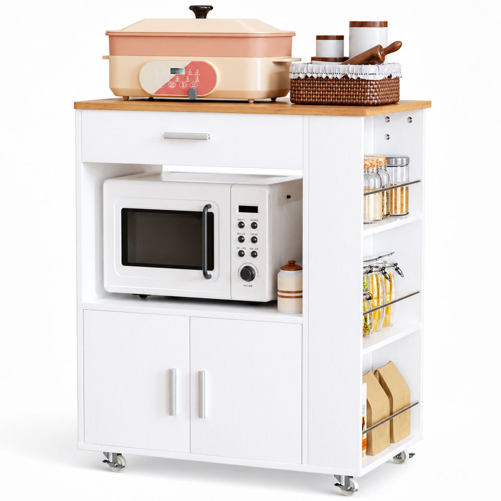 Yorbay Küchenwagen mit Rollen,Servierwagen mit Arbeitsplatte, Kücheninsel Freistehend, (75*46*88 cm), Küchenschrank mit Schublade & 3 Gewürzregalen