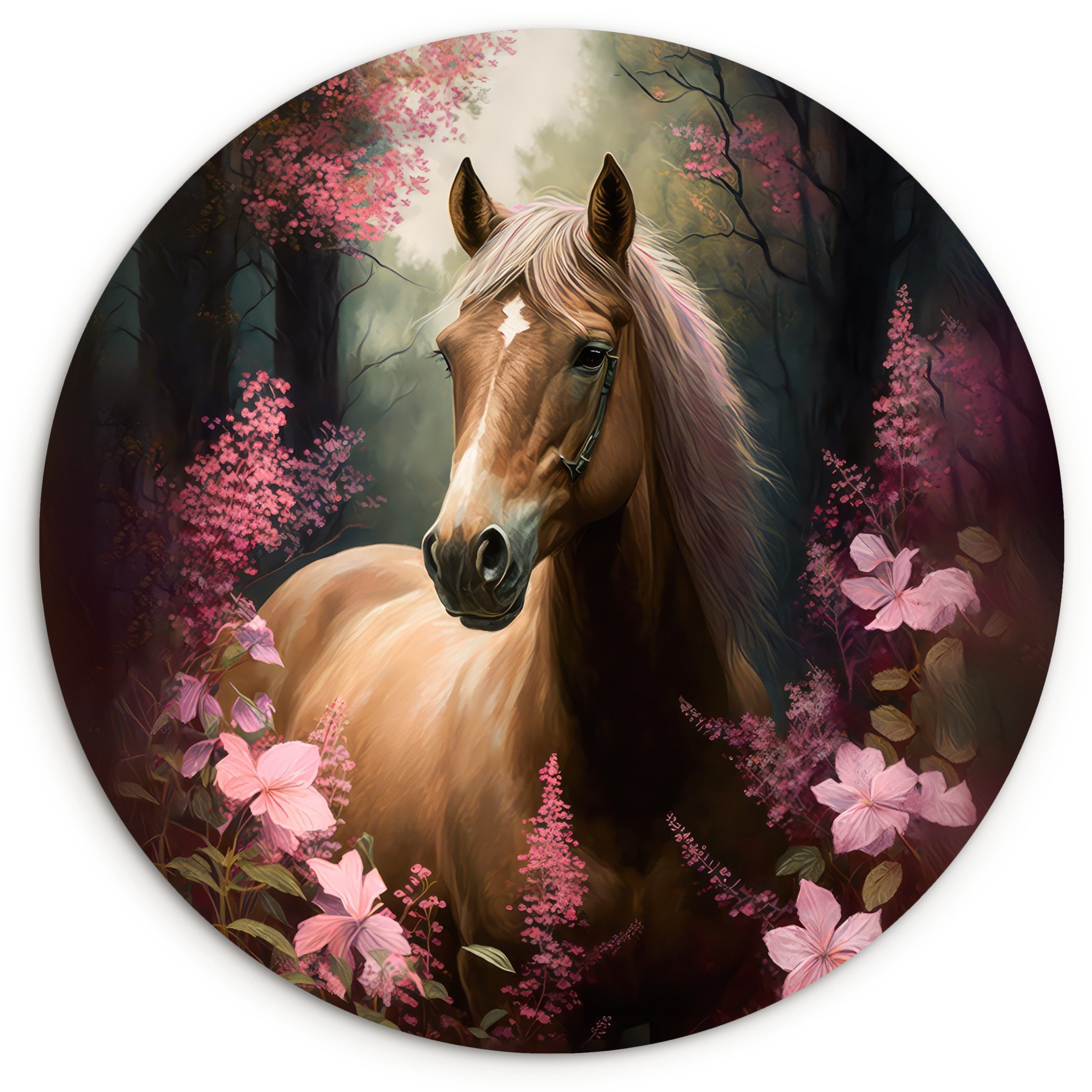 MuchoWow Gemälde Pferd - Blumen - Rosa - Natur - Wald, Fotodruck (1 St), Kreis Wanddekoration, Rundes Wandbild, 30x30 cm