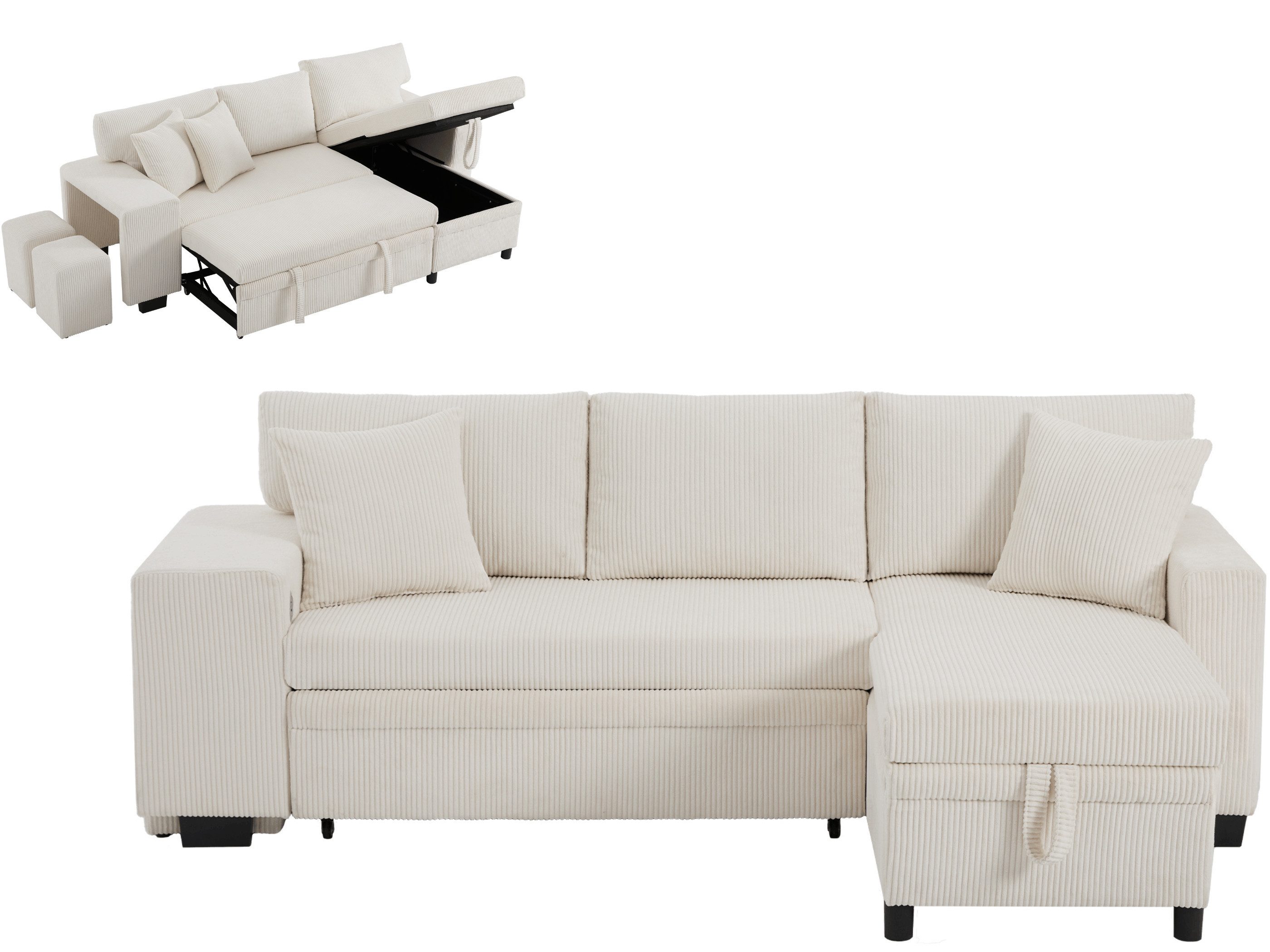 SeedWave Schlafsofa 3 Sitzer Kordbezug Sofa mit Hockern, USB/Typ-C Anschlüssen, 2 Ablagen, Gepolstertes Sofa mit ausziehbarer Liegefläche