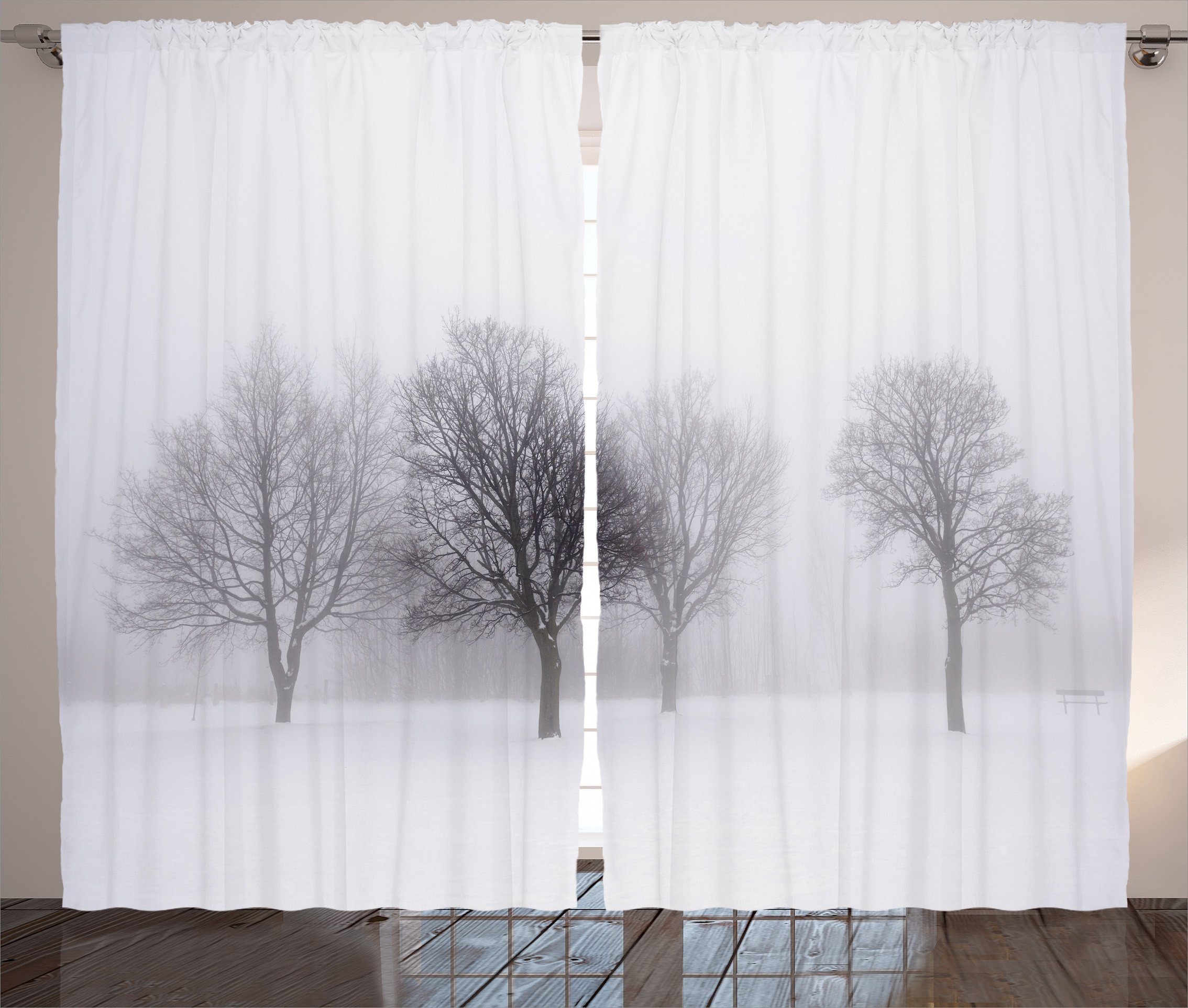 Gardine Schlafzimmer Kräuselband Vorhang mit Schlaufen und Haken, Abakuhaus, Weiß Misty Winterlandschaft