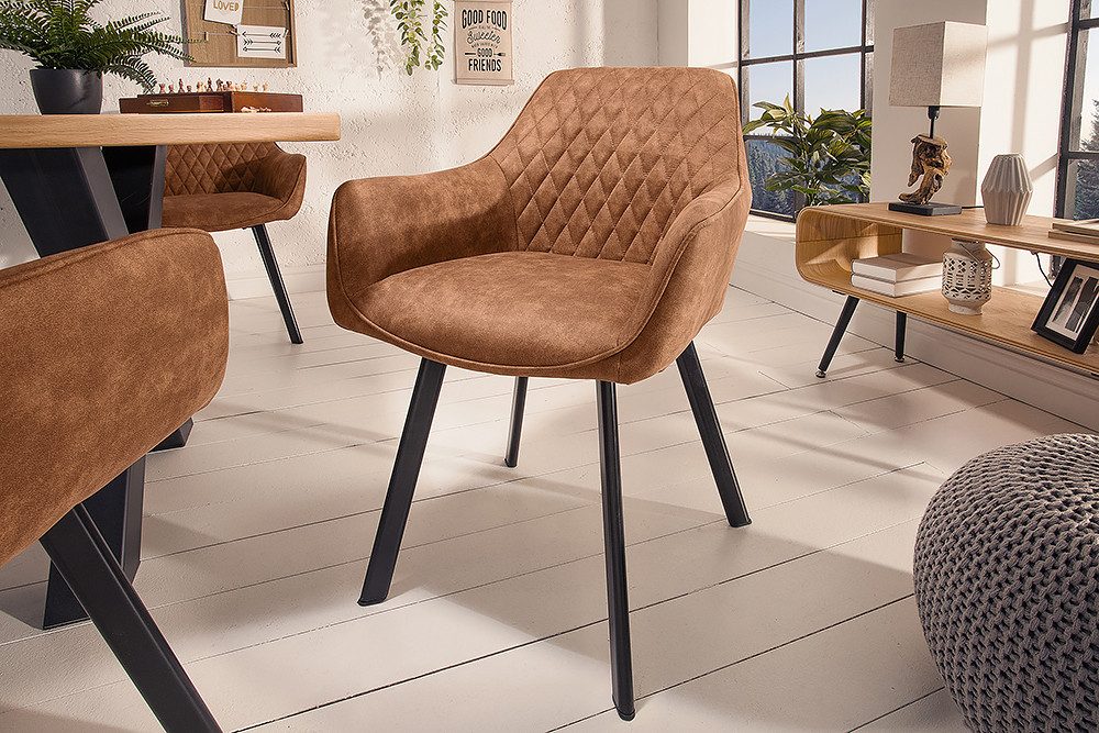 riess-ambiente Polsterstuhl PALERMO vintage hellbraun – Microfaser, mit Armlehne, Ziersteppung (Einzelartikel, 1 St), bequeme Polsterung im Retrolook – ideal für Esszimmer oder Küche