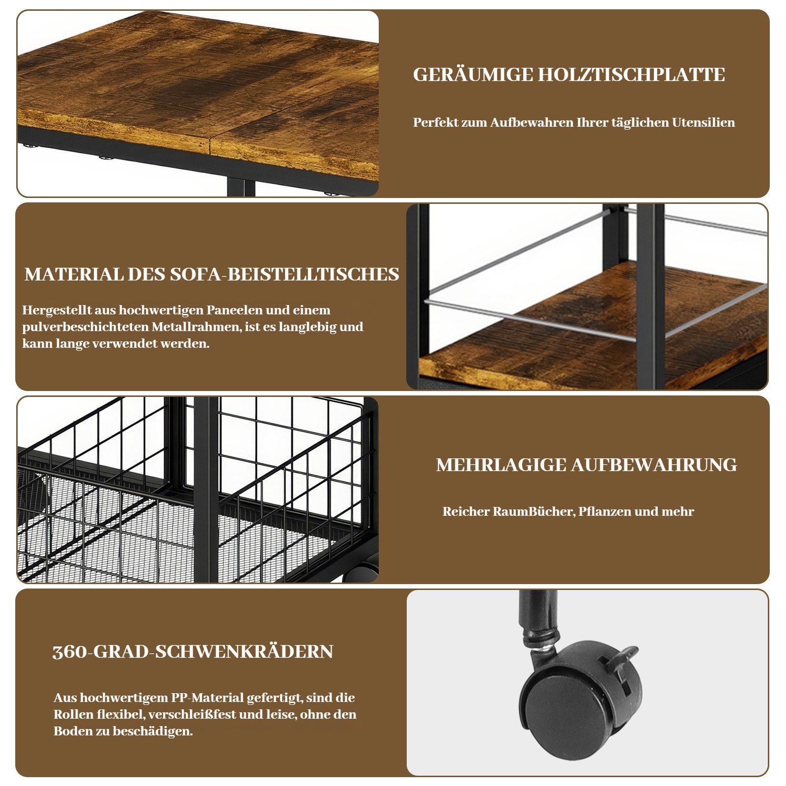 BlingBin Beistelltisch C-Förmiger Sofa-Beistelltisch Mit Schubladen Nachttisch mit Rollen (1er Set, 1-St., 40L x 29B x 71H cm), 3-Stöckiger Couchtisch Sofatisch – Bild 4 von 5