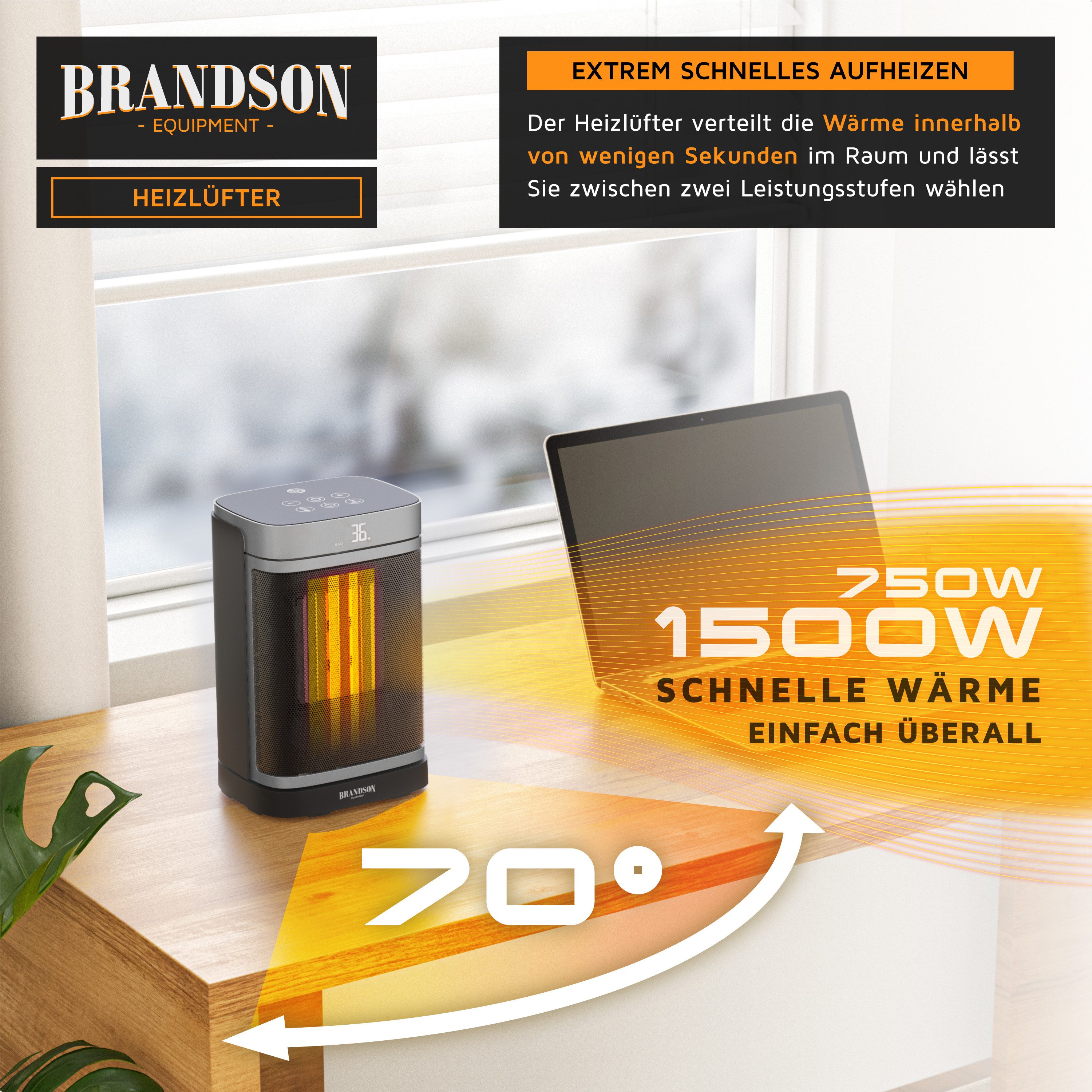 Brandson Heizlüfter mit Wlan, Keramik Heizgerät kompakt, Oszillation, Timer, Fernbedienung, 1500 W, ECO-Modus, Thermostat, 10-35°C, LED-Display, Preisträger 2025