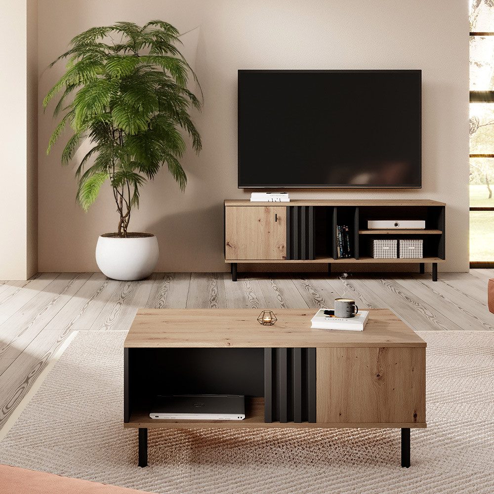 Lomadox Wohnzimmer-Set MATTAWA-167, (Mega-Spar-Set, 2-St., Couchtisch Lowboard), Wohnwand, Eiche Dekor mit Couchtisch und Beleuchtung
