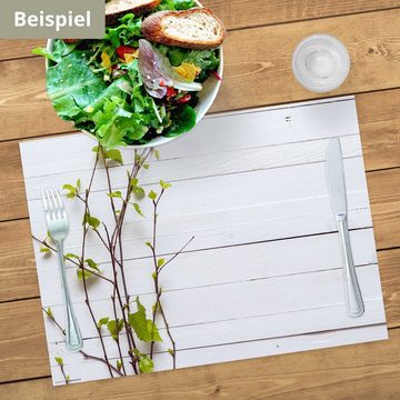 Platzset, Tischset Frühling, Ostern & Blumen - Frühlingszweige auf weißem Tisch, Tischsetmacher, (aus Naturpapier in Aufbewahrungsmappe, 12-St., 44 x 32 cm / weiß-grün), Made in Germany