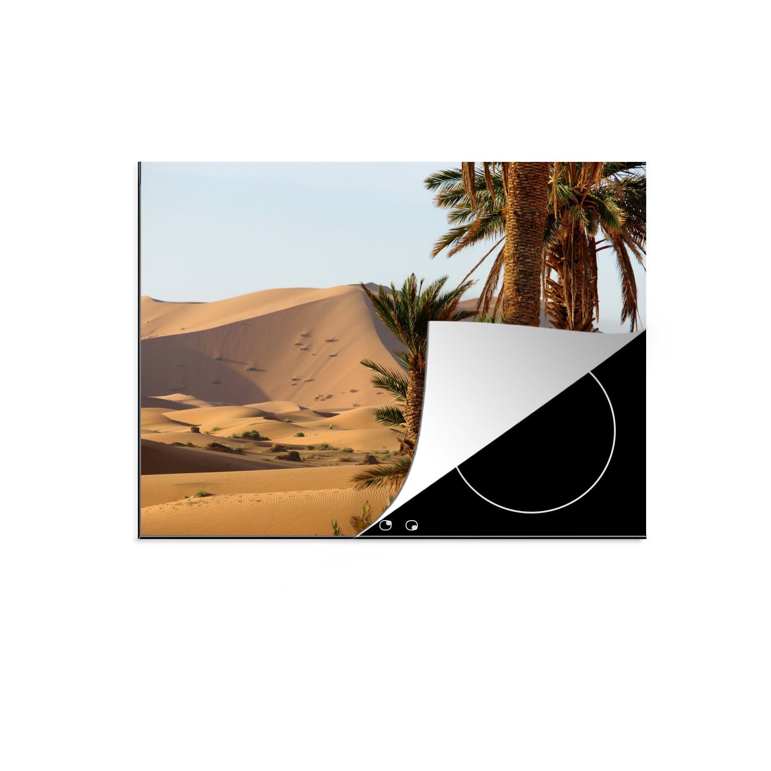 MuchoWow Herdblende-/Abdeckplatte Marokkanische Palmen und Dünen in Merzouga bei Erg Chebbi, Vinyl, (1 tlg), 70x52 cm, Mobile Arbeitsfläche nutzbar, Ceranfeldabdeckung
