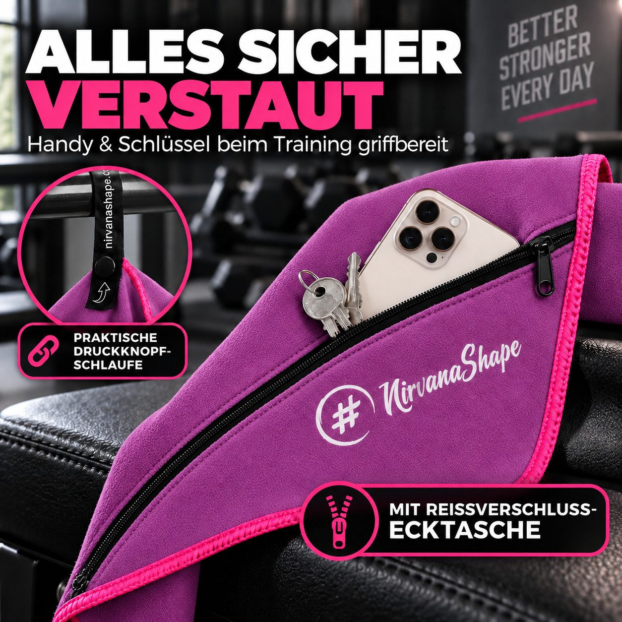 NirvanaShape Sporthandtuch NirvanaShape Mikrofaser Fitnesshandtuch mit Ecktasche und Knöpfen, saugfähig, leicht, schnelltrocknend, für Reisen, Fitness, Yoga, Sa – Bild 3 von 5