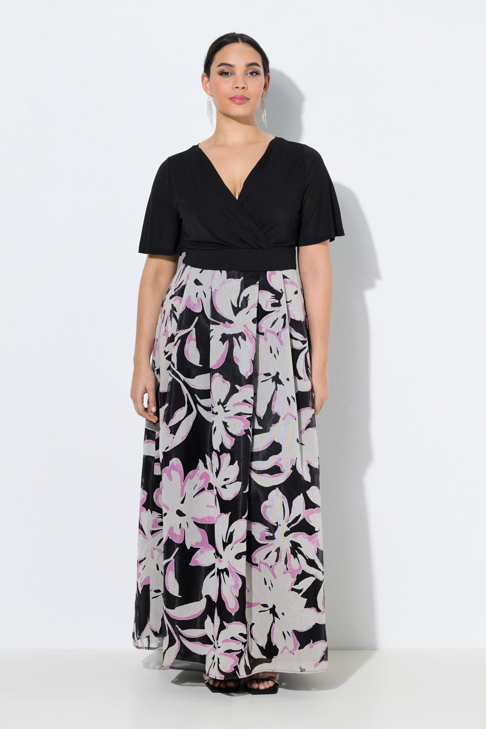 Ulla Popken Abendkleid Maxikleid Ausbrenner V-Ausschnitt Halbarm günstig online kaufen