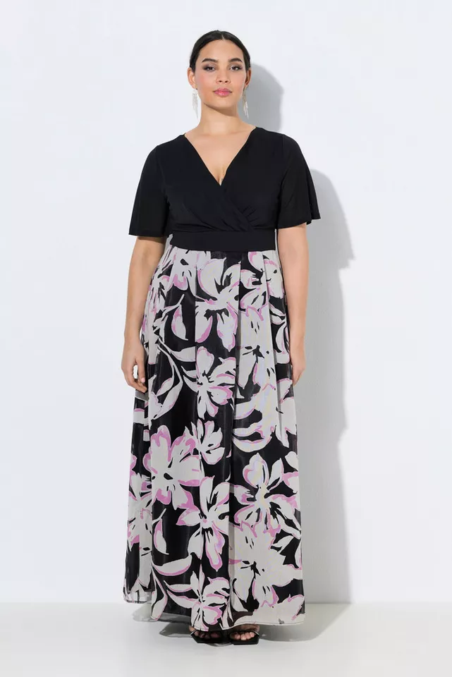 Ulla Popken Abendkleid Maxikleid Ausbrenner V-Ausschnitt Halbarm