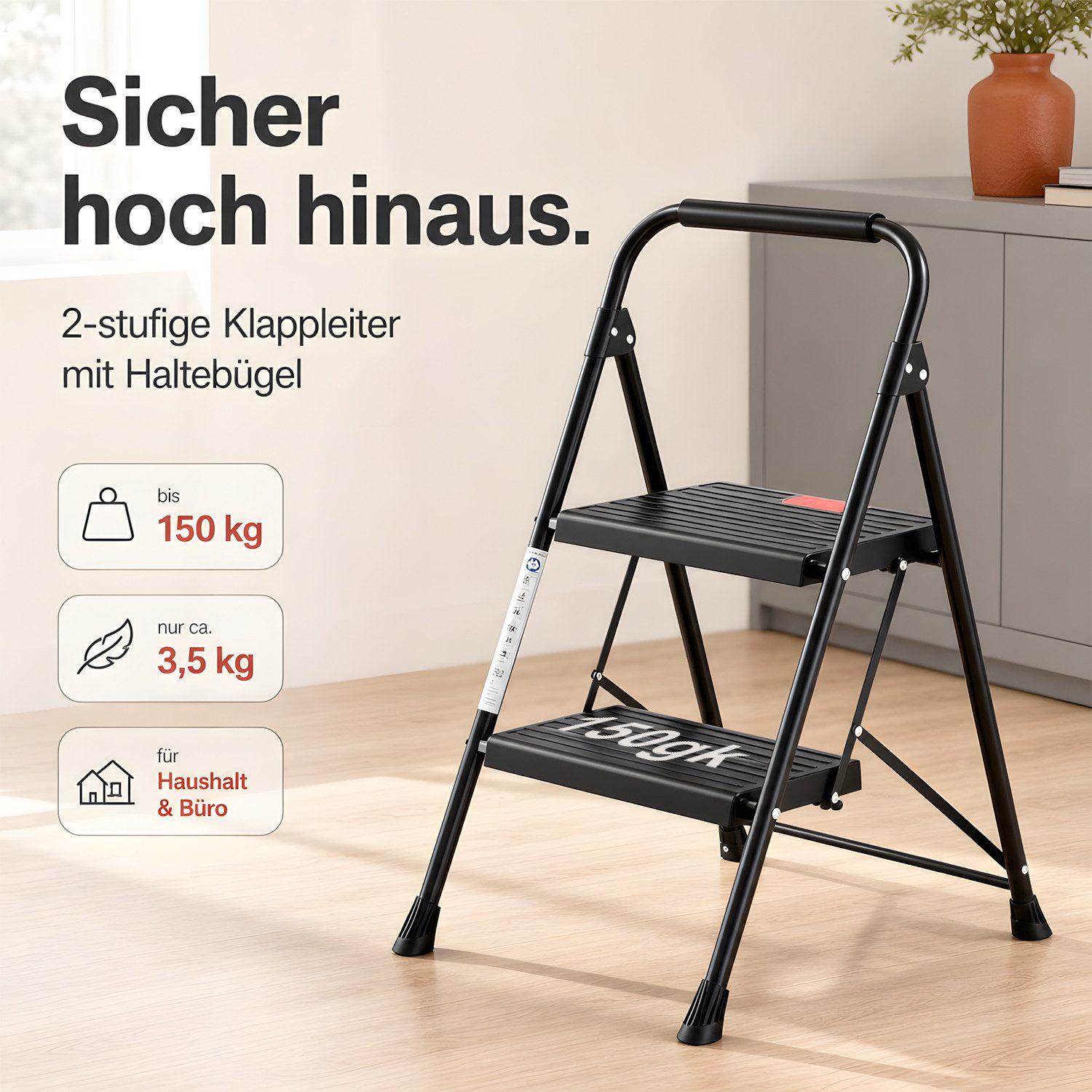 Refined Living Trittleiter 2/3 Stufen klappbar Trittleiter, Klapptritt für Zuhause bis 150 kg (Multifunktionsleiter mit breitem Anti-Rutsch-Pedal und Klappsicherung, stabile Anti-Rutsch-Leiter mit Handlauf kompakte & leichte Klappleiter), Sicherheitsleiter Stufen Leiter für Küche & Büro, Bibliothek, Garten