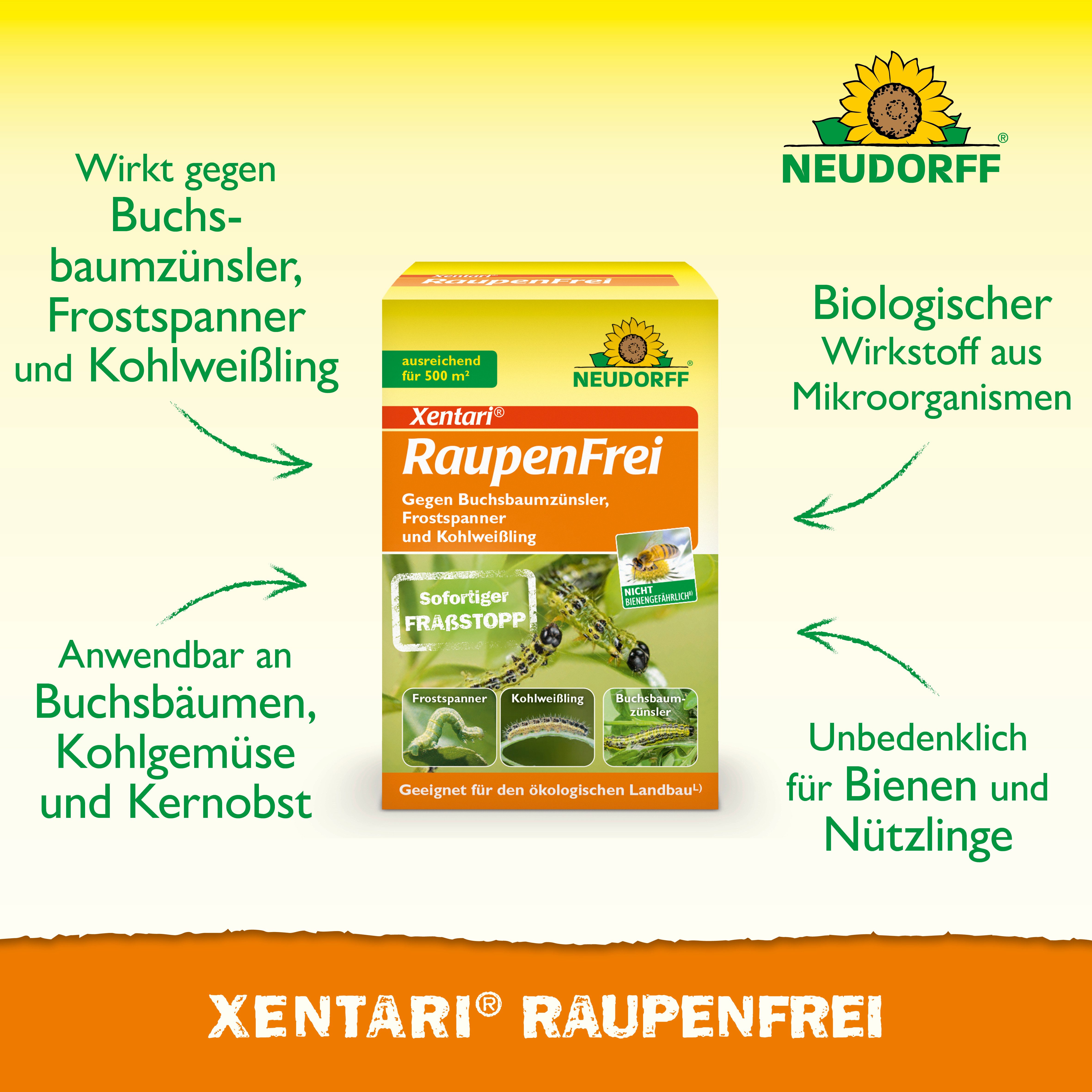 Neudorff Insektenspray Xentari Raupenfrei, 25 g, Wirksames Spritzmittel, biologisch Buchsbaumzünsler bekämpfen