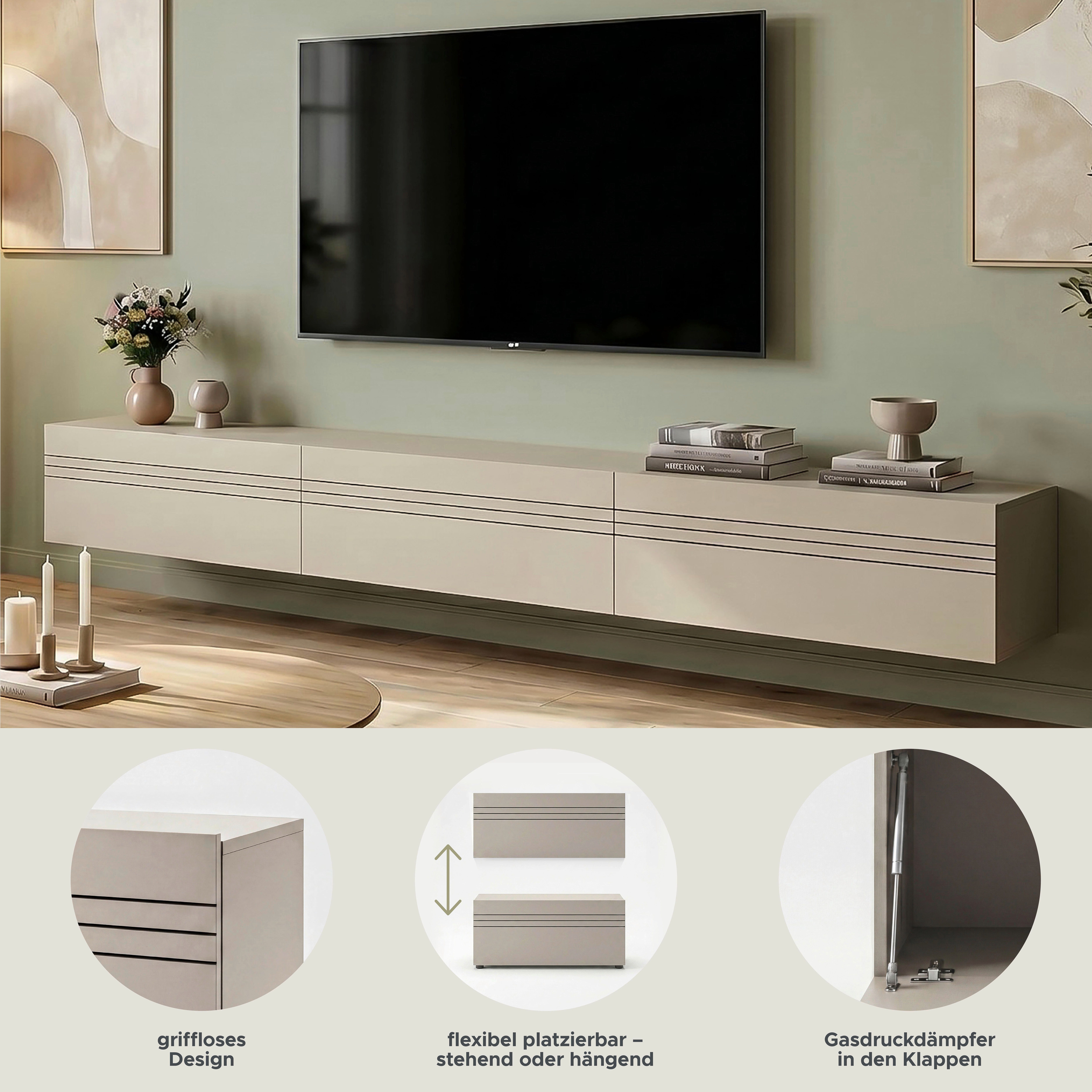 OTTO home Lowboard SPIAGGIA, 3-teiliges Set, Breite 270cm, stehend & hängend montierbar (Grifflose Fronten mit Gasdruckfeder, Fronten mit horizontaler Fräsung), TV-Möbel, TV-Schrank, TV-Lowboard, Mediaboard