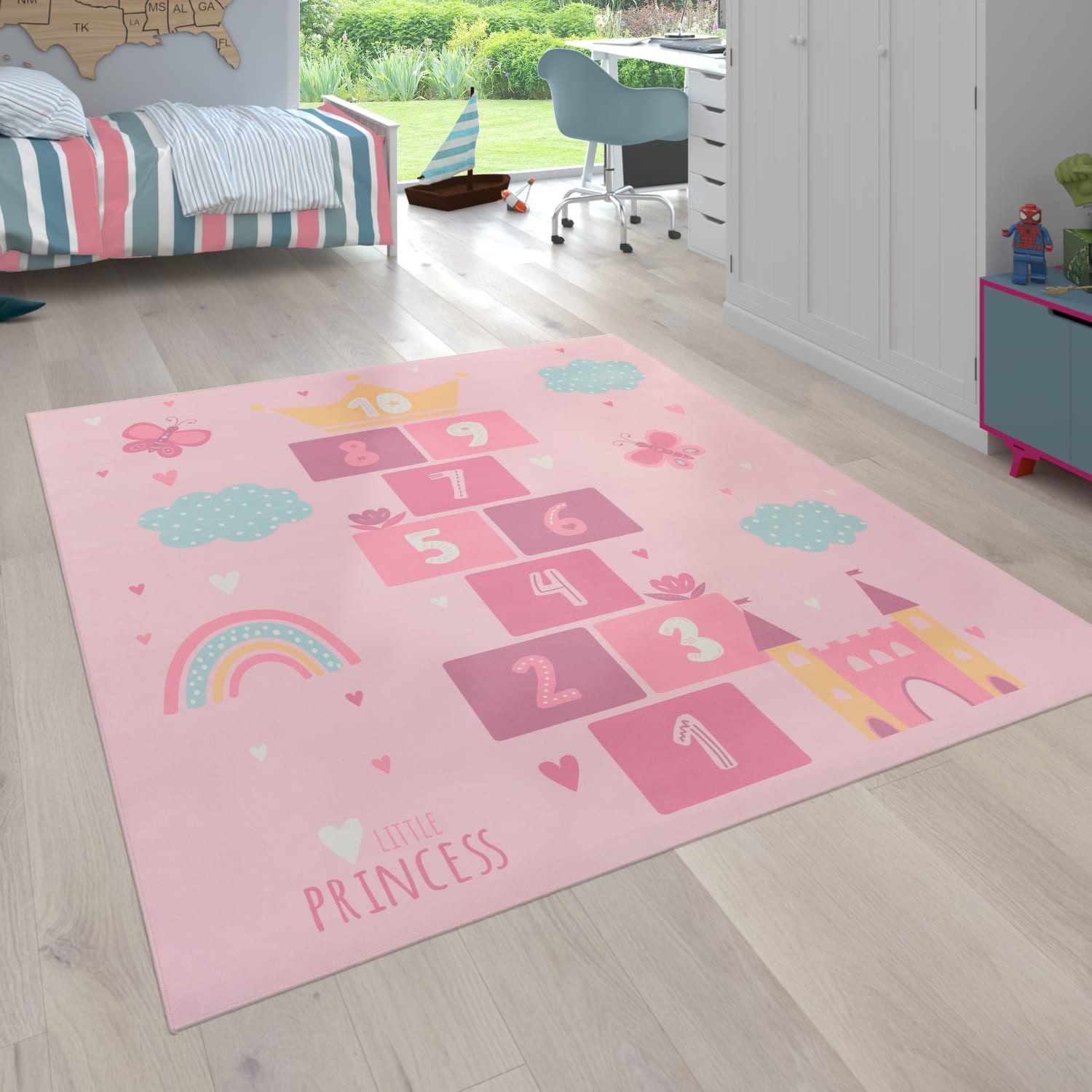 KADIMA DESIGN Kinderteppich waschmaschinenwaschbar Prinzessinnen‑Hüpfkästchen‑Muster Kinderteppich, Quadrat, Höhe: 4 mm, 100% Polyester, Rücken aus Felt + Dots, Quadrat, 200Scm, Pink