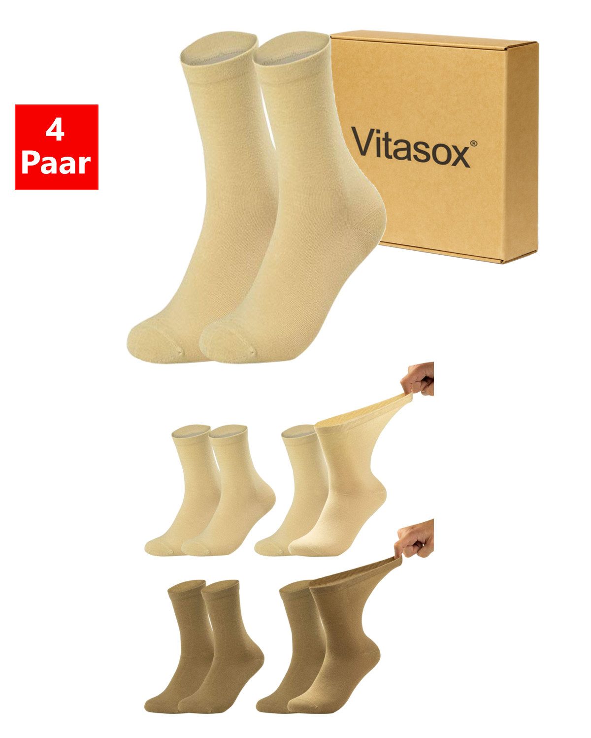 Vitasox Diabetikersocken für Damen - aus Baumwolle ohne Gummi, ohne Einschneiden und Abdrücken (4-Paar) mit weichem und dehnbarem Komfortbund