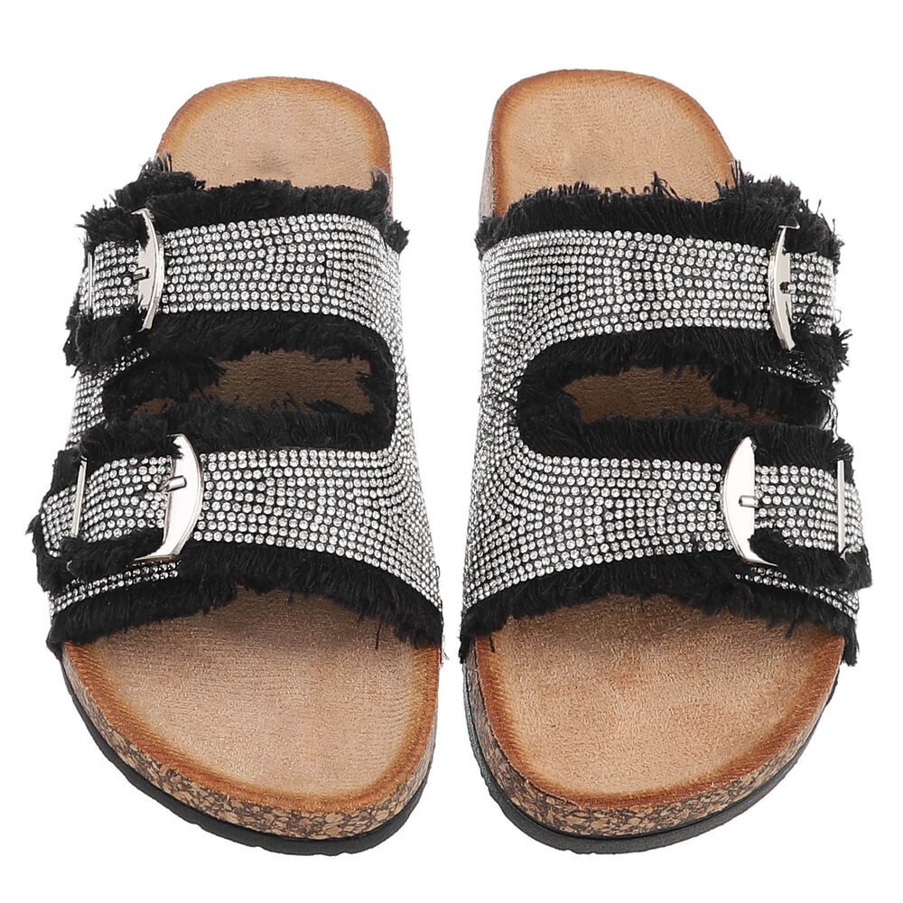 Ital-Design Glamouröse Damen Sandalen mit Strass und Korkfußbett Pantolette (91512405) Flach Pantoletten in Schwarz – Bild 4 von 5
