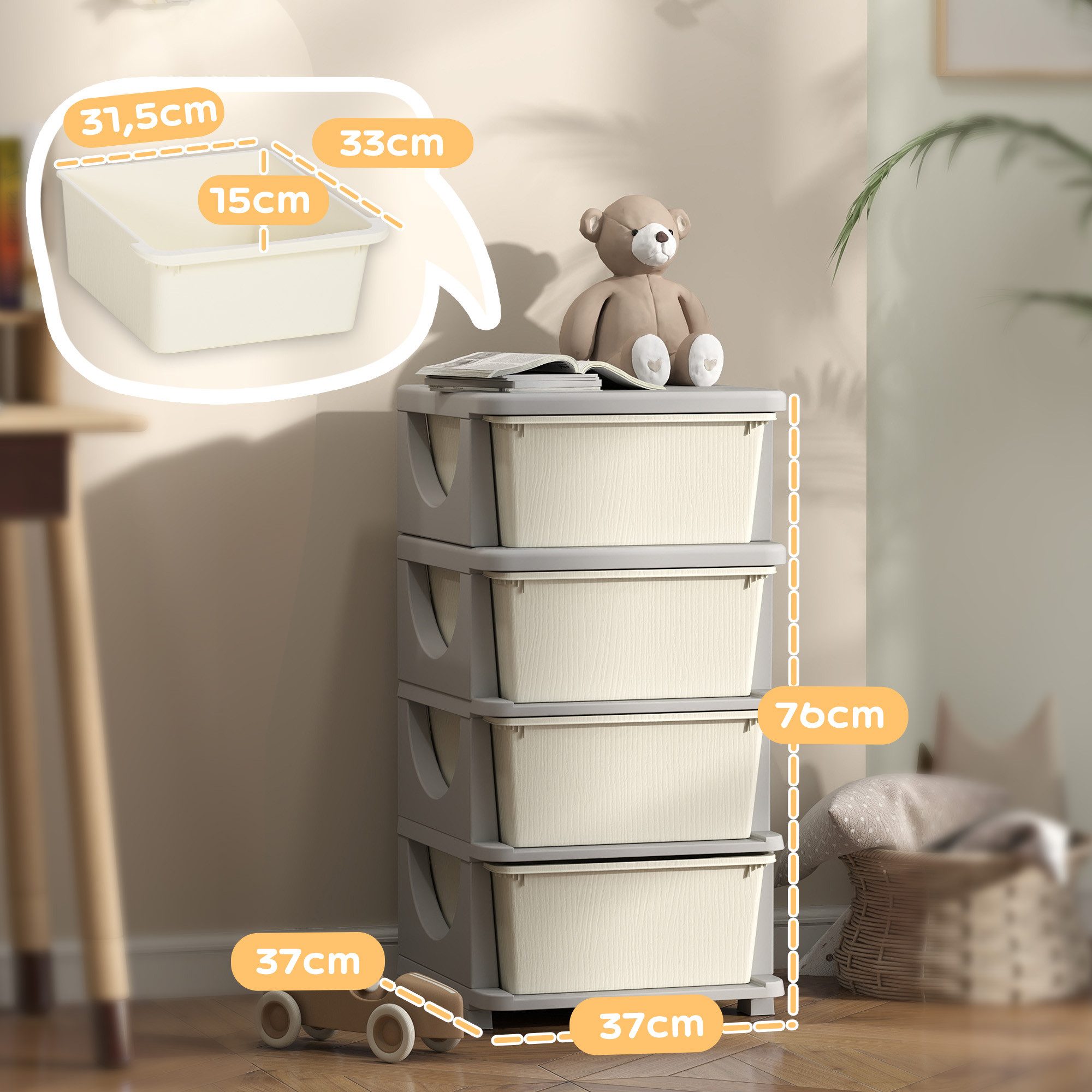 HOMCOM Spielzeugtruhe Schubladenschrank mit Stauraum, Spielzeugkiste, drei Ebenen (Spielzeugkiste, 1 St., Spielzeug-Organizer), für Kinderzimmer 3-6 Jahre Kindermöbel Cremeweiß 37 x 37 x 76 cm