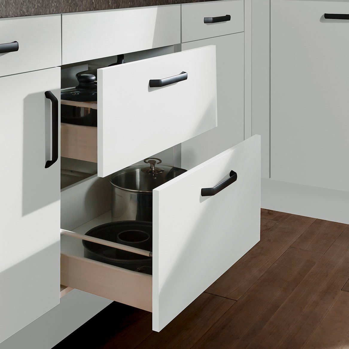 wiho Küchen Winkelküche "Simi", mit verstellbaren Füßen, wahlweise mit E-Geräten, Soft-Close-Funktion in Schubkästen & Auszügen, Stellbreite 285/175 cm