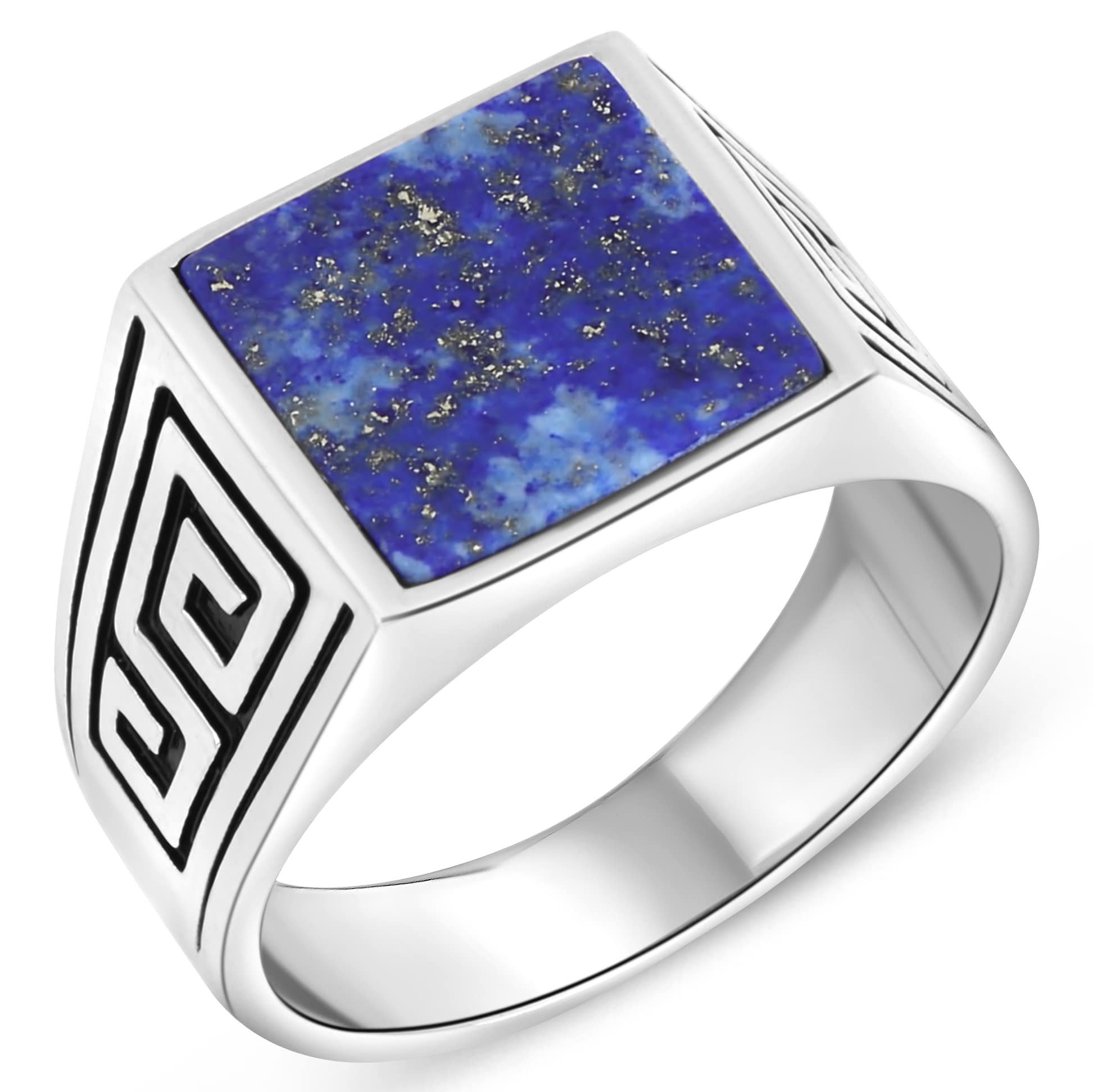 Tony Fein Siegelring Lapislazuli Griechisches Muster Massiv 925 Sterling Silber, Silberring Rhodiniert Made in Italy für Herren