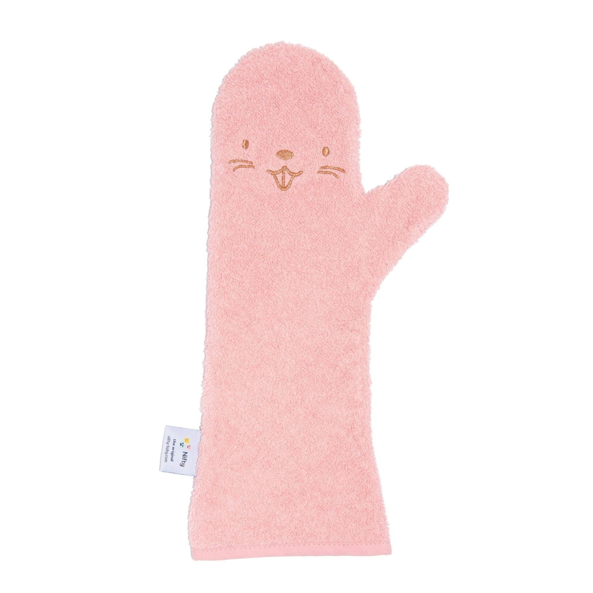 LK Trend & Style Waschhandschuh Baby Duschhandschuh langer Waschhandschuh, Bio-Baumwolle Pink mit Bibergesicht