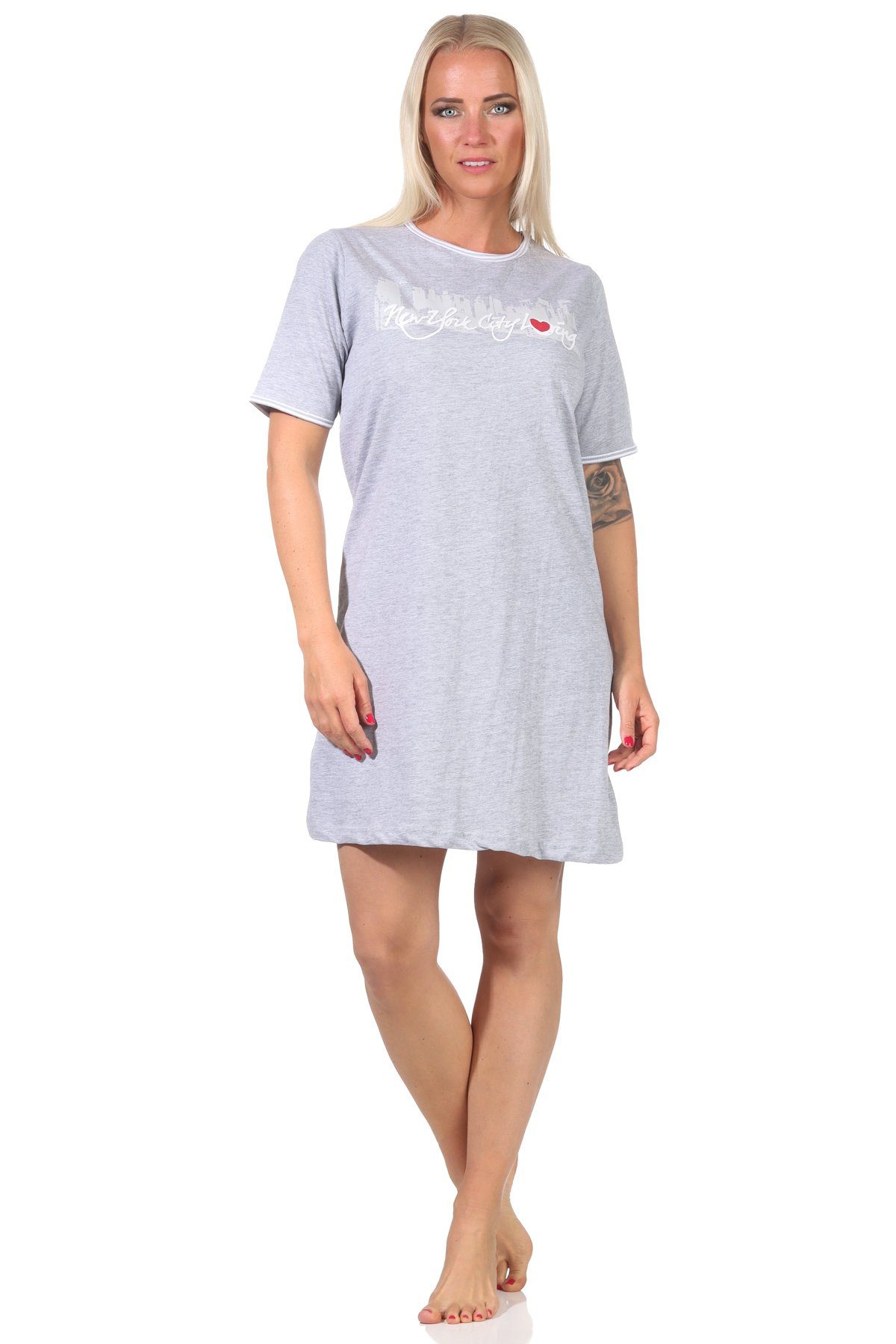 Normann Nachthemd Damen Nachthemd kurzarm mit Front-Print "New York City Loving" grau-melange