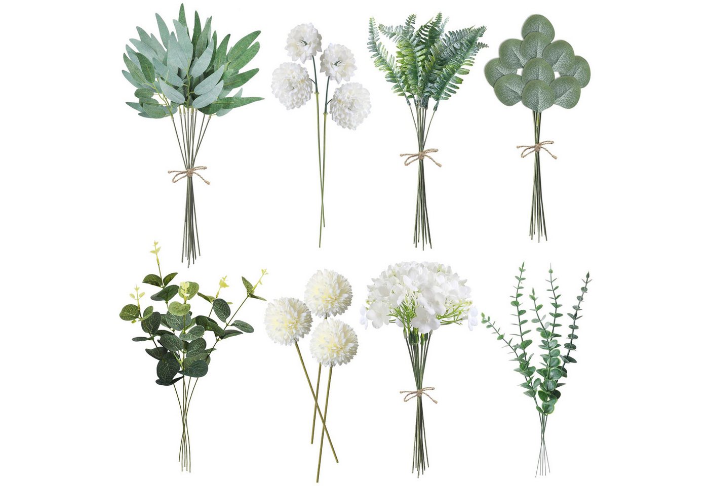 Kunstblumenstrauß 55 tlg. Kunstblumen Set mit weißen Zweigen, Blättern & Blumen, FOUORTUNATE-BEE, Künstliche Eukalyptus- und Hortensienblumen für DIY & Hochzeit
