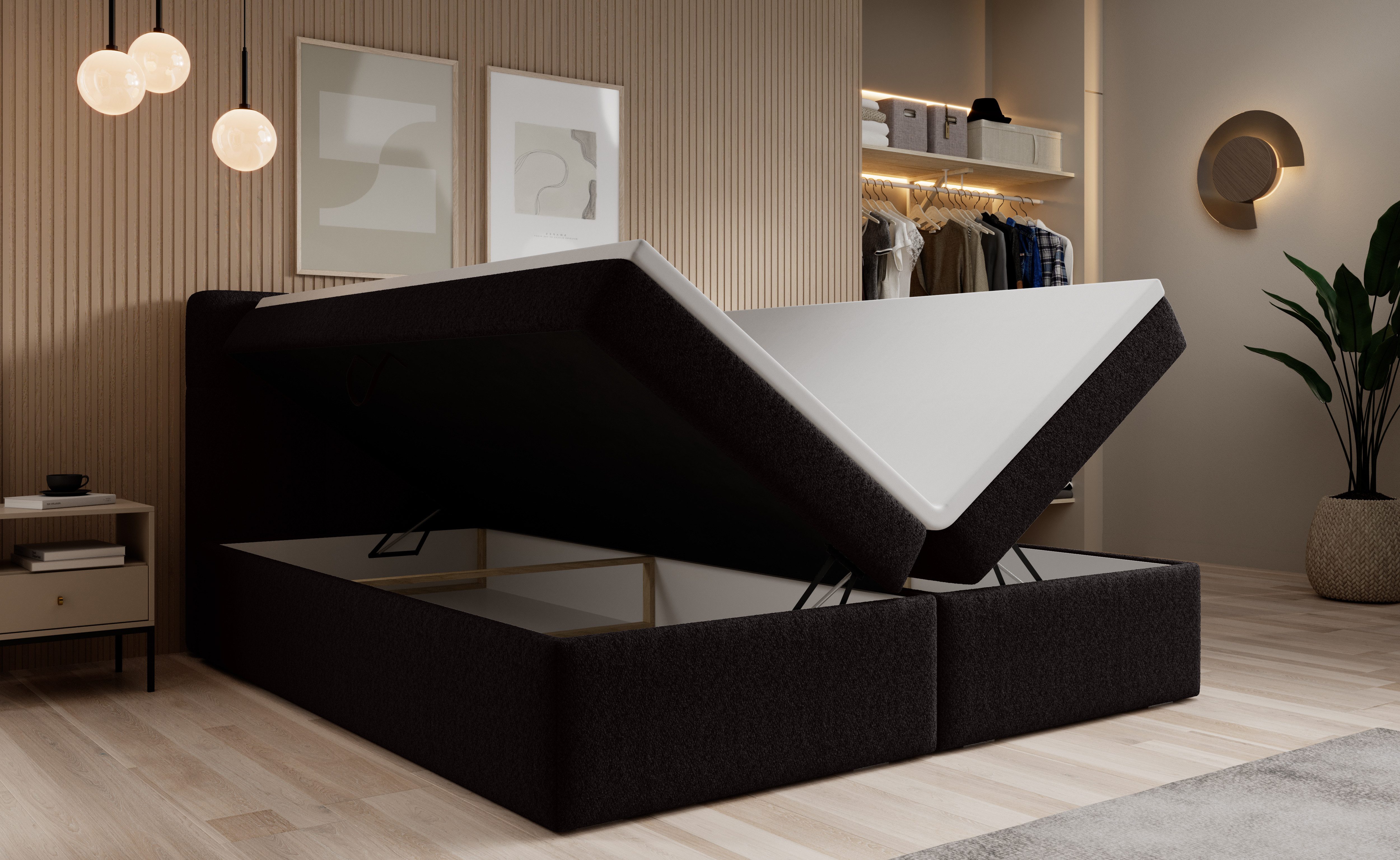 thematys Boxspringbett mit Bettkasten 140x200–200x200 cm – Velours oder Bouclé Bezug – (Boxbett - Luxus Doppelbett mit Stauraum, Boxbett - Luxus Doppelbett mit Stauraum)