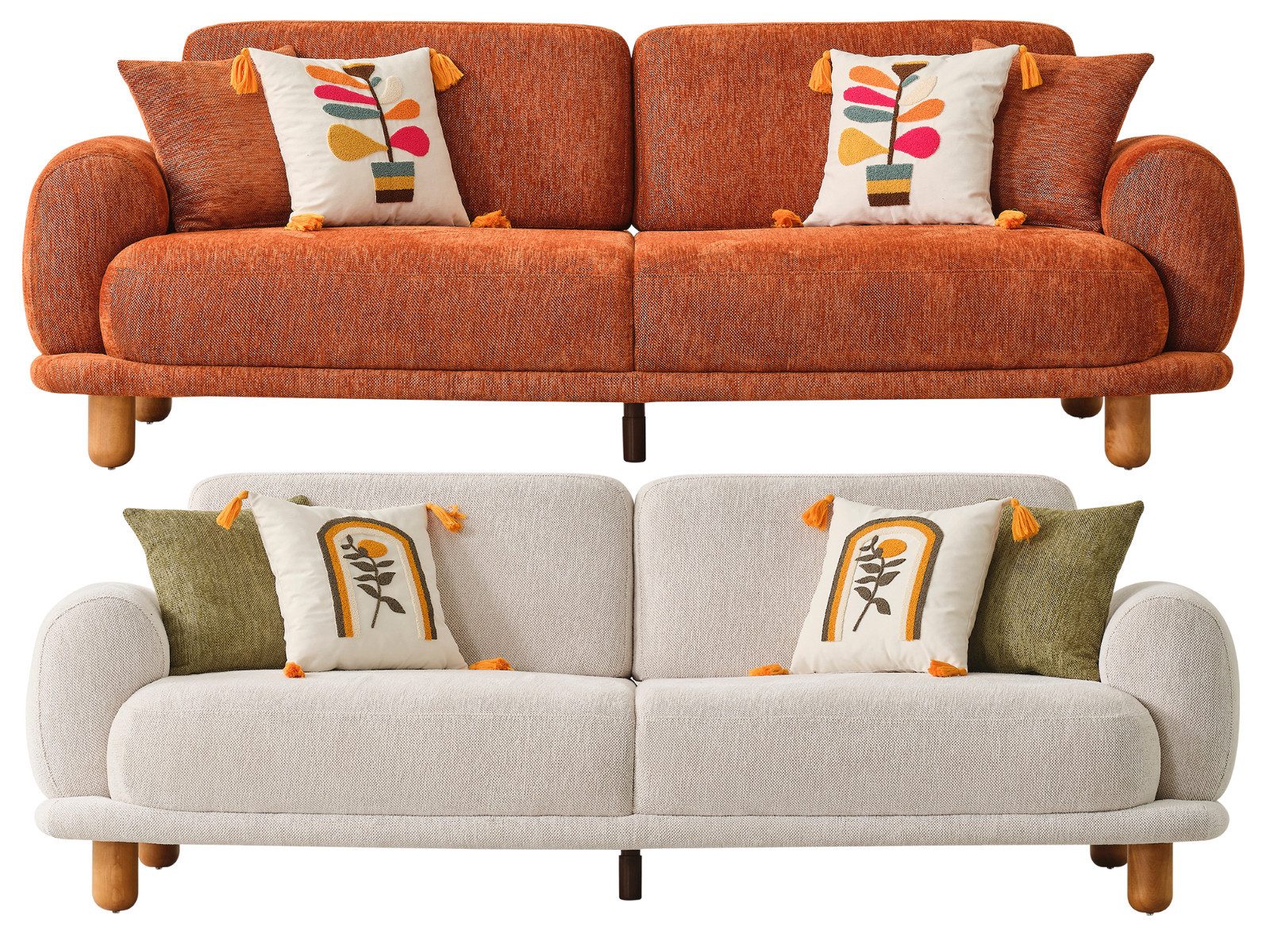 Villa Möbel Polstergarnitur Freyza, (Sofa Set, 3-Sitzer + 3-Sitzer), Runde Form Strukturstoff Holzfüße Sessel gemustert