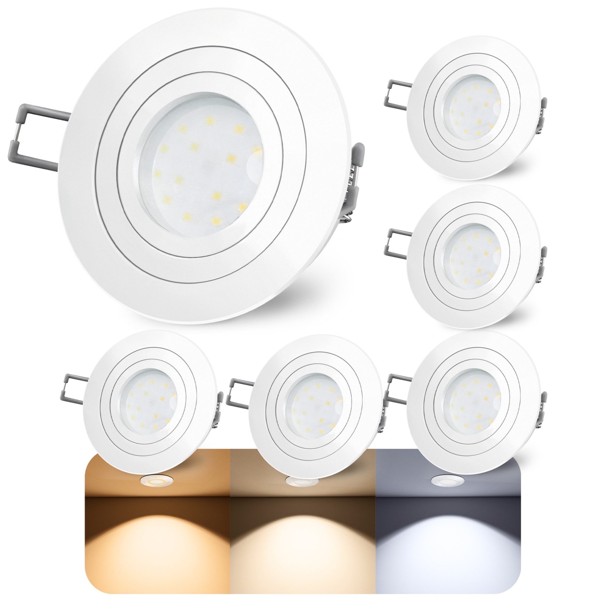 SSC-LUXon LED Einbaustrahler 6er Set RF-2 LED Einbauspot weiss rund schwenkbar flach mit LED 230V, Tageslichtweiß, Warmweiß, Neutralweiß