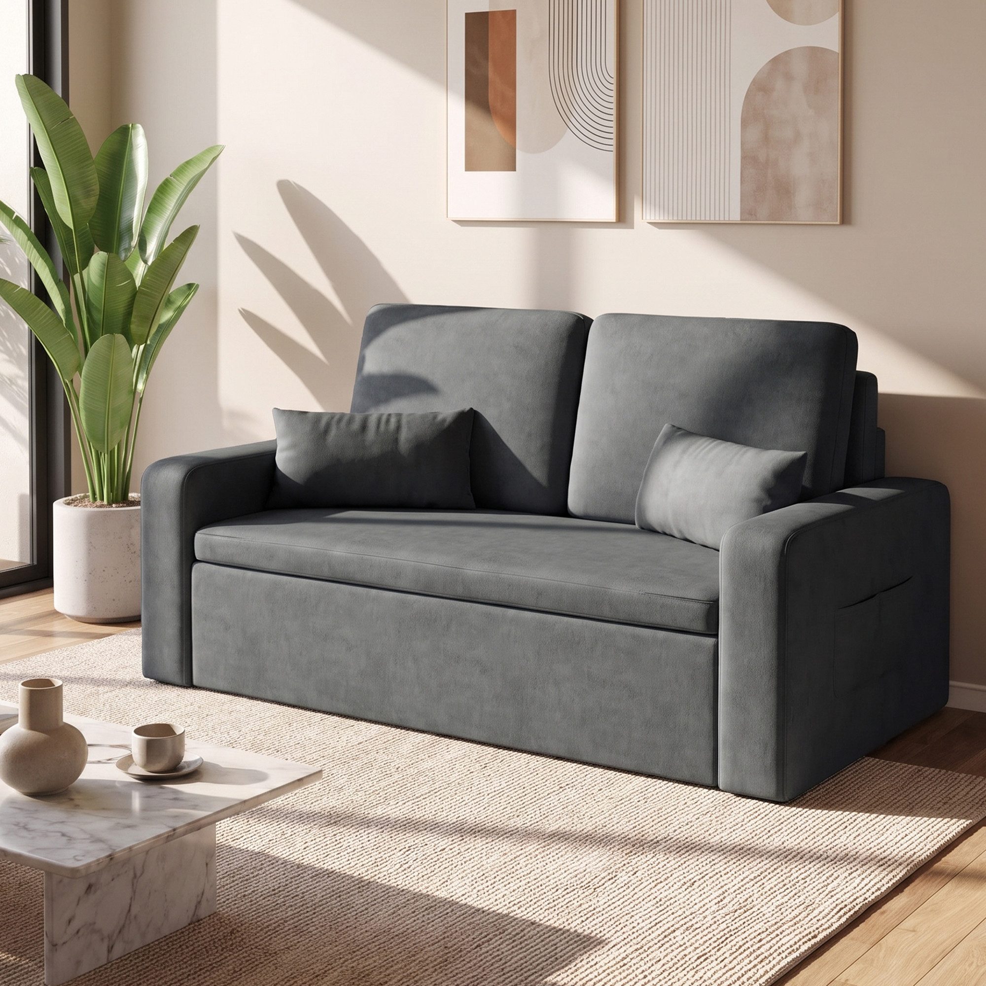 Blishom Schlafsofa 2-Sitzer-Schlafsofa aus Velours, ausziehbar, Liegefläche 117 x 196 cm, Mit Seitentaschen und zwei Zierkissen für Wohn- und Gästezimmer – Bild 3 von 5