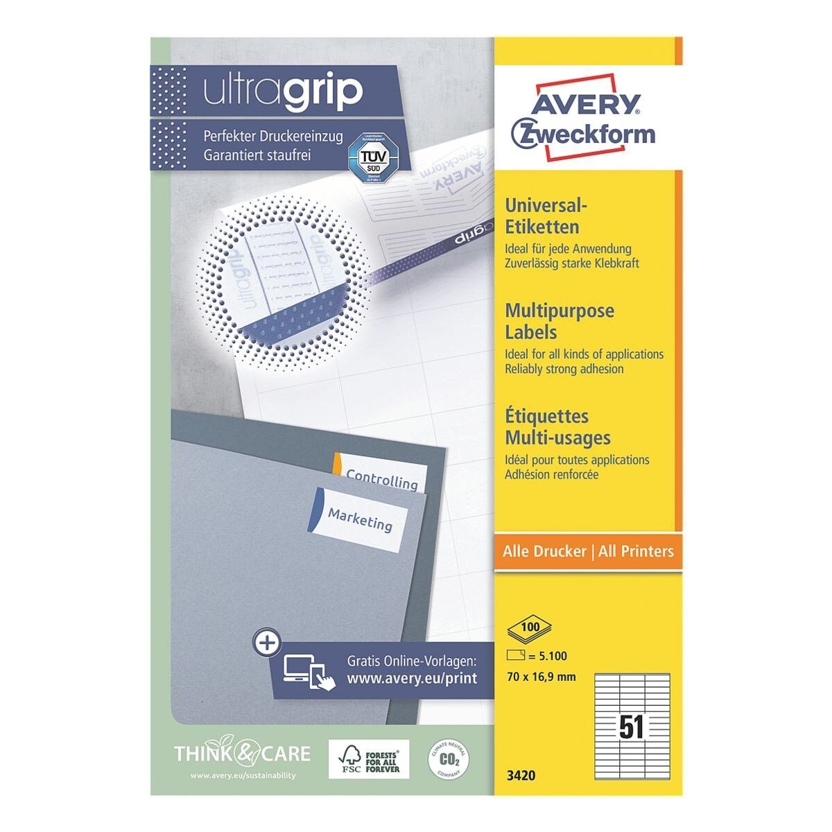 Avery Zweckform Etiketten 3420, 5100 Stück, Adresse universal (70x16,9 mm), selbstklebend