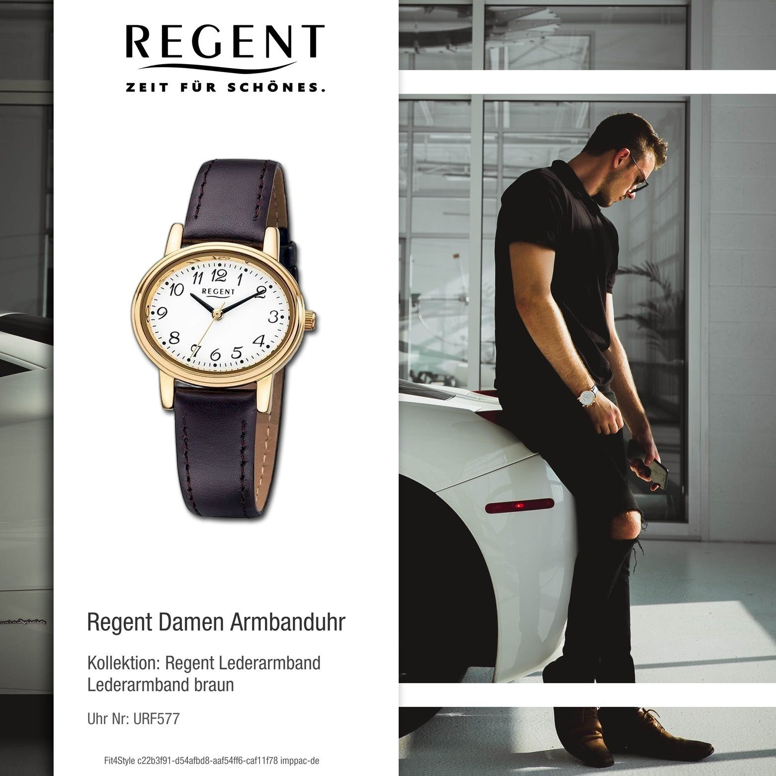 Armbanduhr Regent 30mm), (ca. Quarzuhr braun Analog Damen Regent mittel Lederarmband oval, Damen-Armbanduhr F-577,
