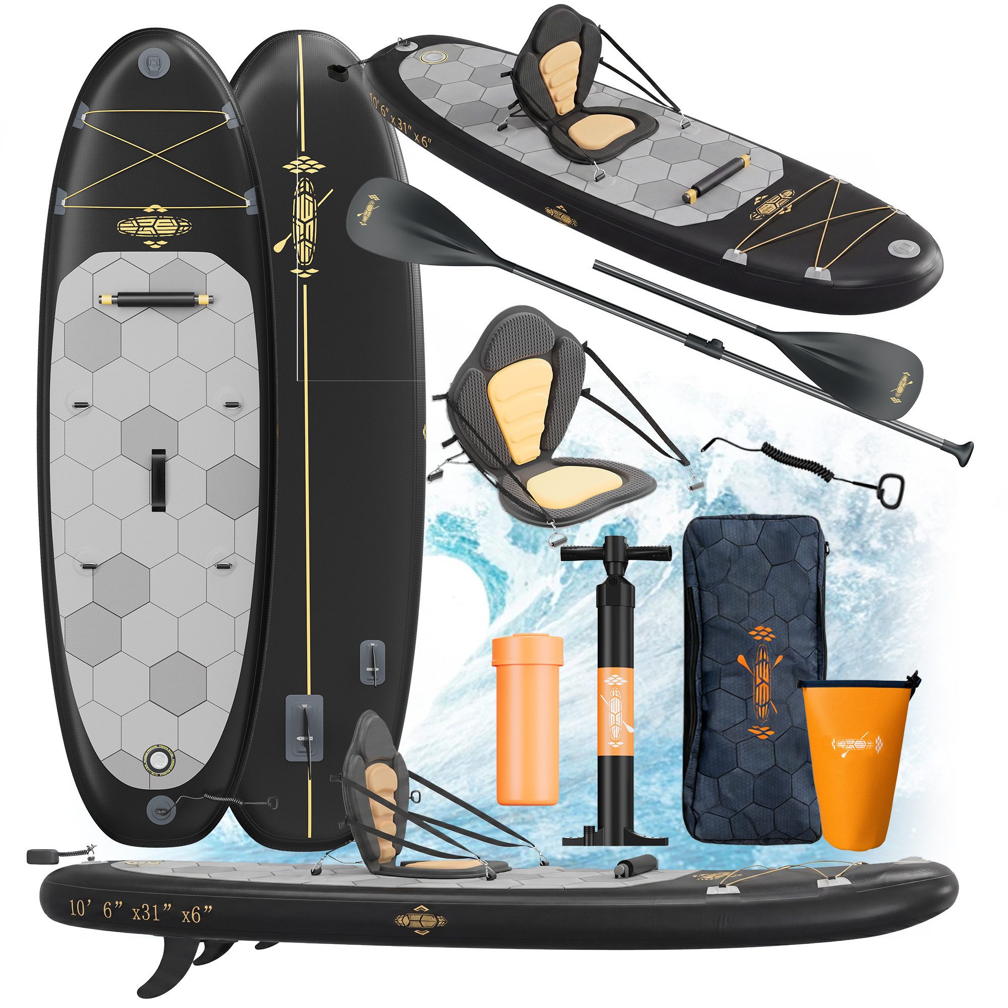 GUNJI Inflatable SUP-Board Aufblasbares 320*80*15CM stehendes Zellstoffbrett Tragfähigkeit 130KG, (Mit Kajaksitz, Rucksack, Pumpe, Doppelpaddeln, Sportkamerahalter, wasserdichter Handytasche, ideal zum Surfen, Angeln)