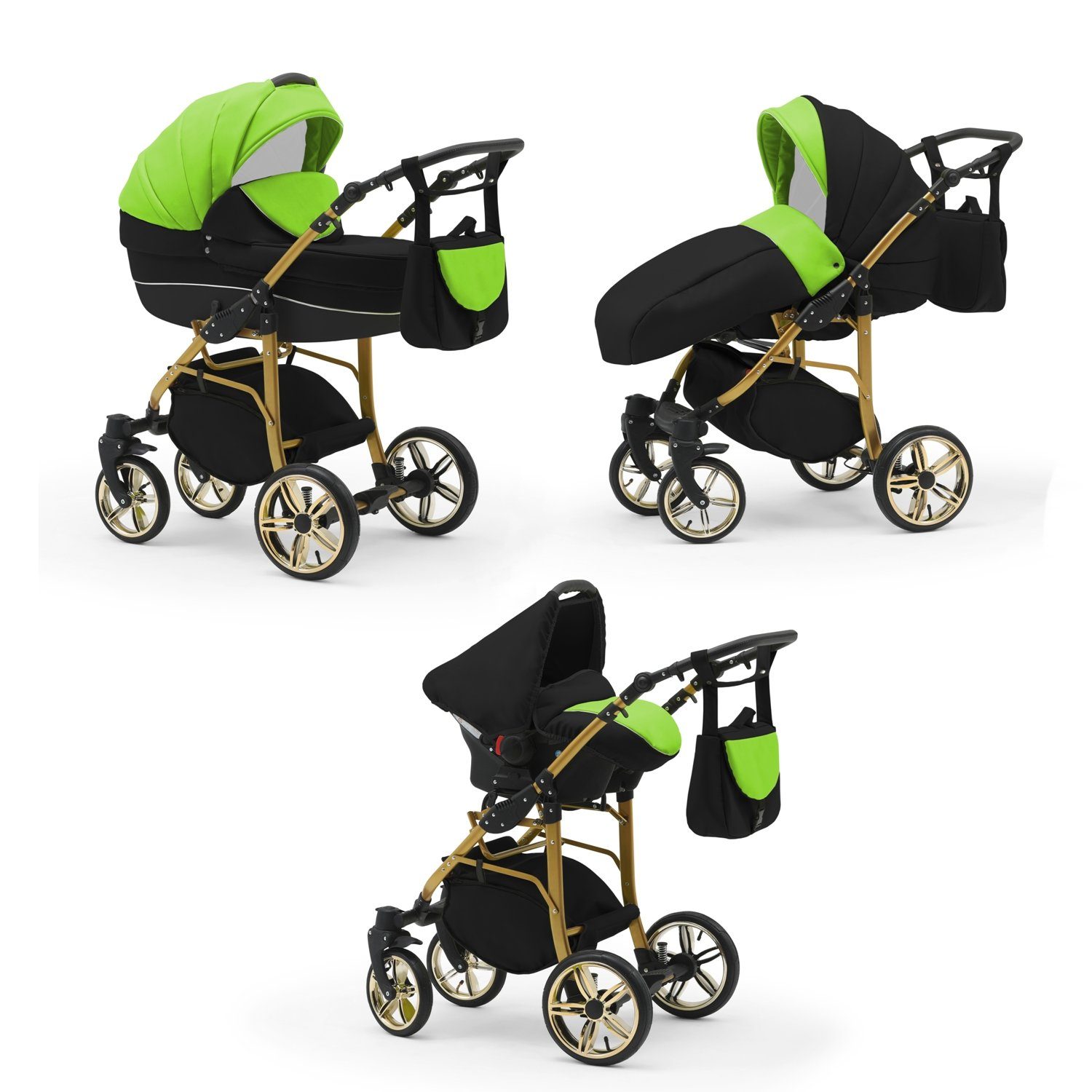 babies-on-wheels Kombi-Kinderwagen 3 in 1 Kinderwagen-Set Cosmo Gold- 16 Teile - in 46 Farben Schwarz-Grün