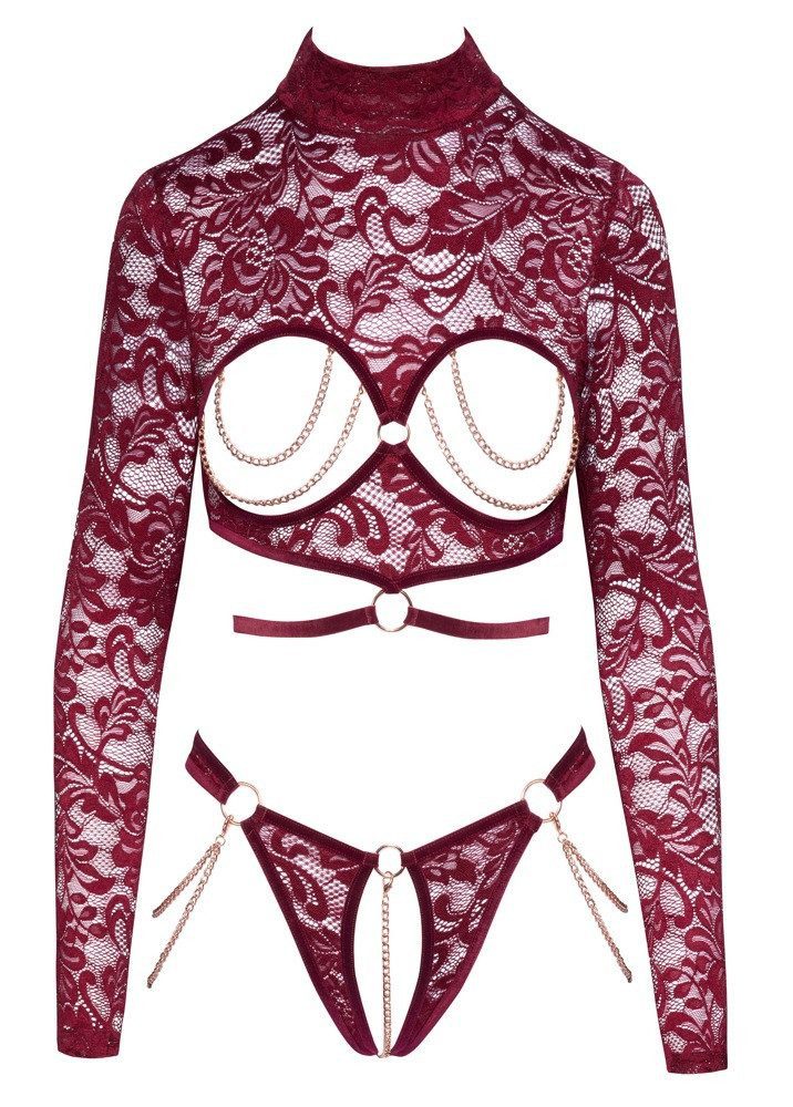 Abierta Fina Set: Bügelloser BH Dessous-Set: Spitzen-Top und String mit Ketten - rot (2-tlg) Feine dunkelrote Spitze
