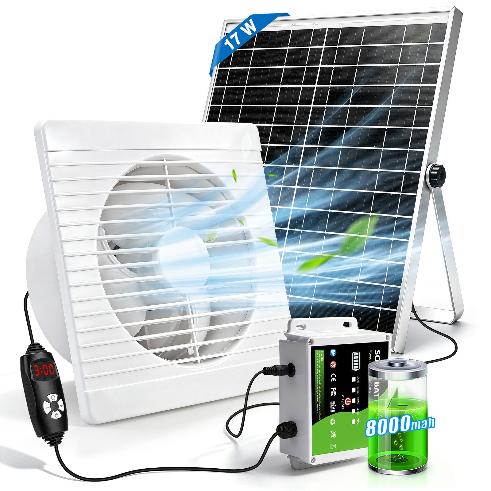 XIIW Wandventilator 8000mAh Solar Ventilator 150mm Abluftventilator Solarlüfter Fan 17W, mit Solarpanel Timer Akkuanzeige Einstellbare Lüftungsstufen