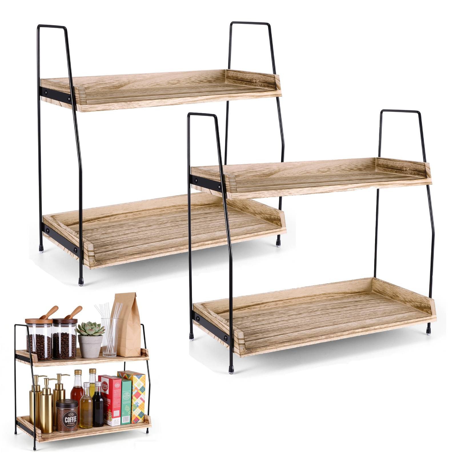 BlingBin Küchenregal 38×19×38 cm Gewürzregal aus Holz & Metall, 2 Etage Organizer-Regal, 2er Set 2-tlg., Stehend Gewürzständer mit Arbeitsplatte für Küche, Zuhause, Büro