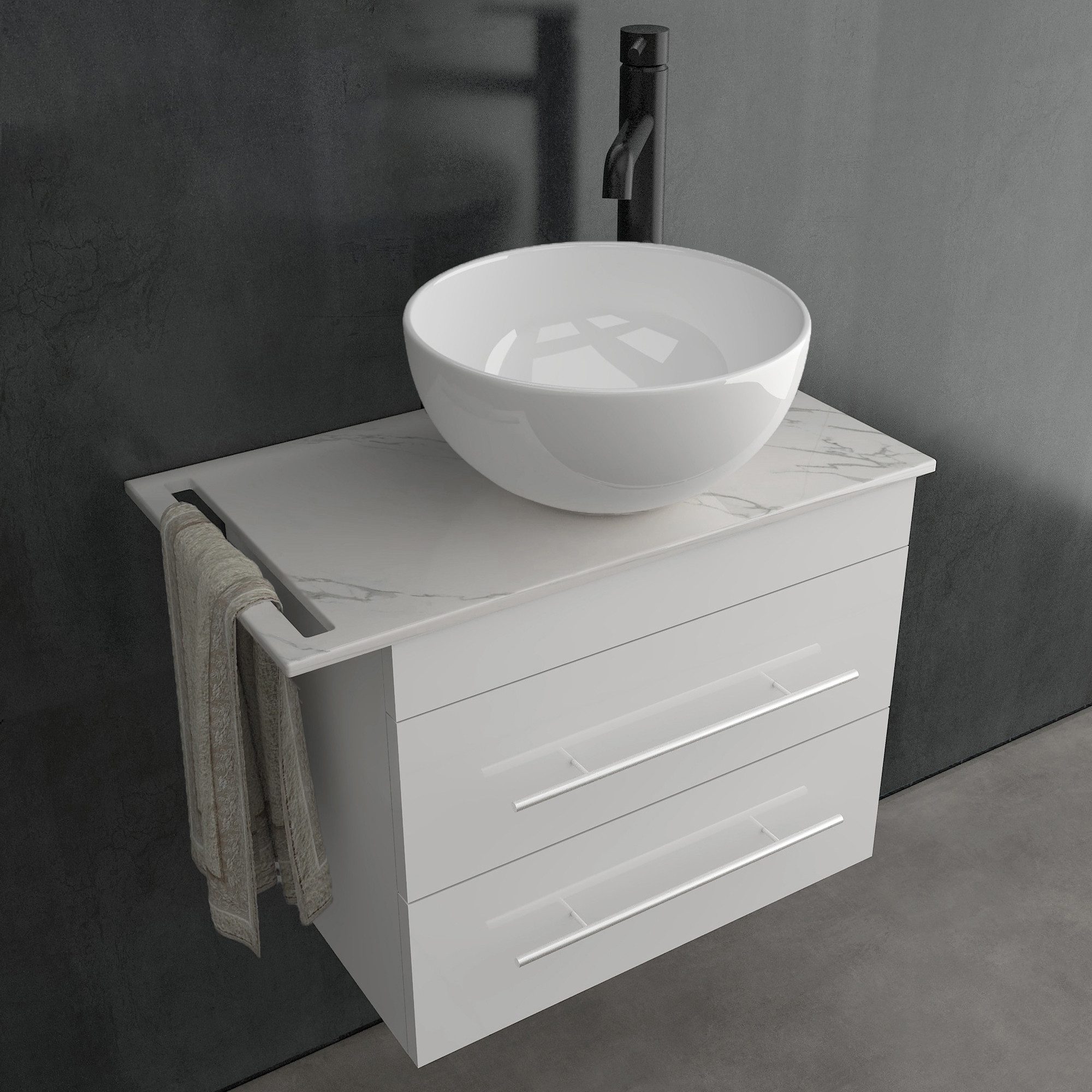 Alpenberger Badmöbel-Set Gäste WC Waschbecken mit Unterschrank – hängender Waschtisch 60 cm, (Waschtischunterschrank mit Schubladen, Bad Möbel Set mit Waschbecken), Aufsatzwaschbecken mit Unterschrank Weiss
