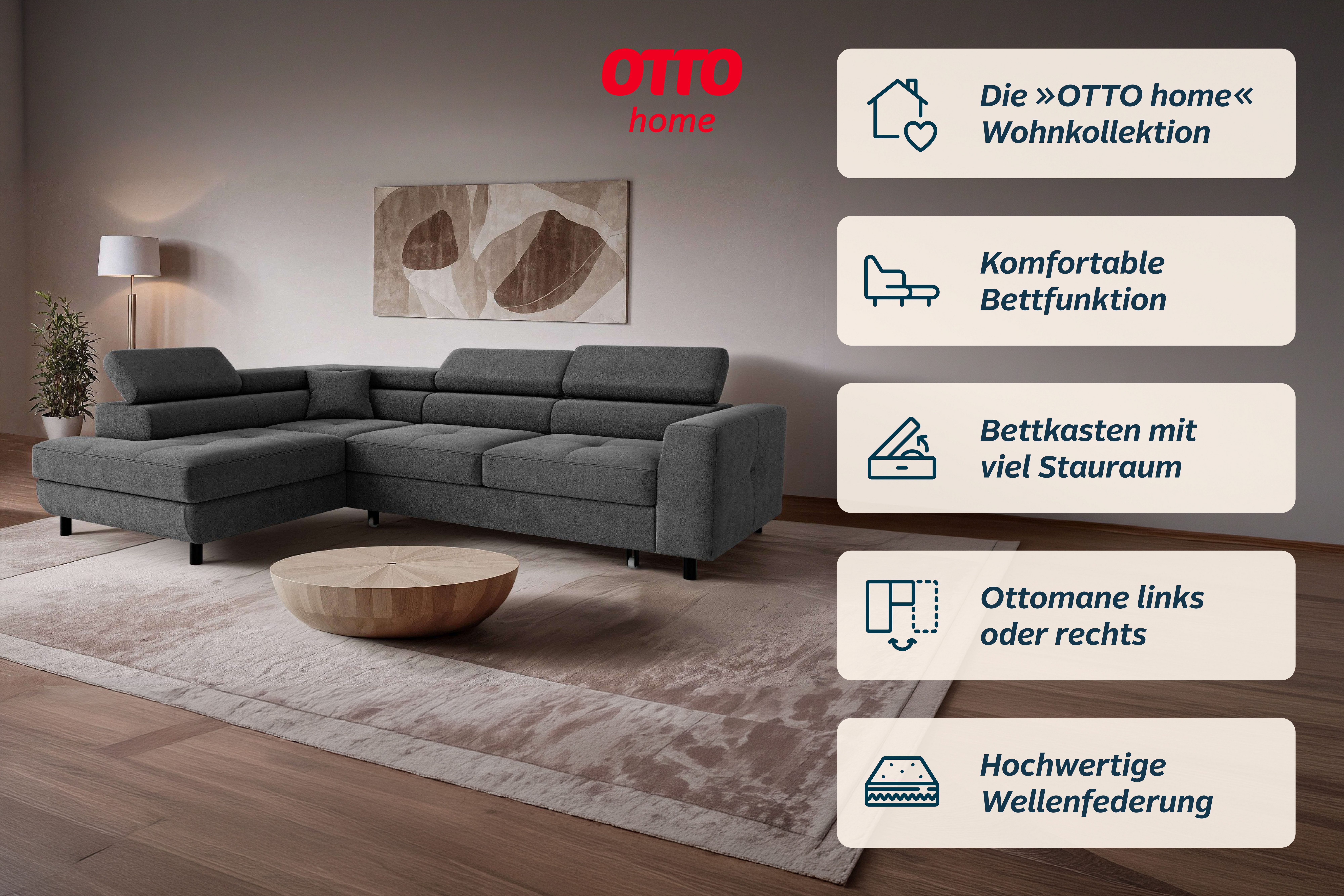 OTTO home Ecksofa AADEN Schlafsofa 254 cm - OTTO. Verlässliche Qualität., mit Bettfunktion, Bettkasten, Kopfstützen, rechts/links bestellbar – Bild 3 von 5