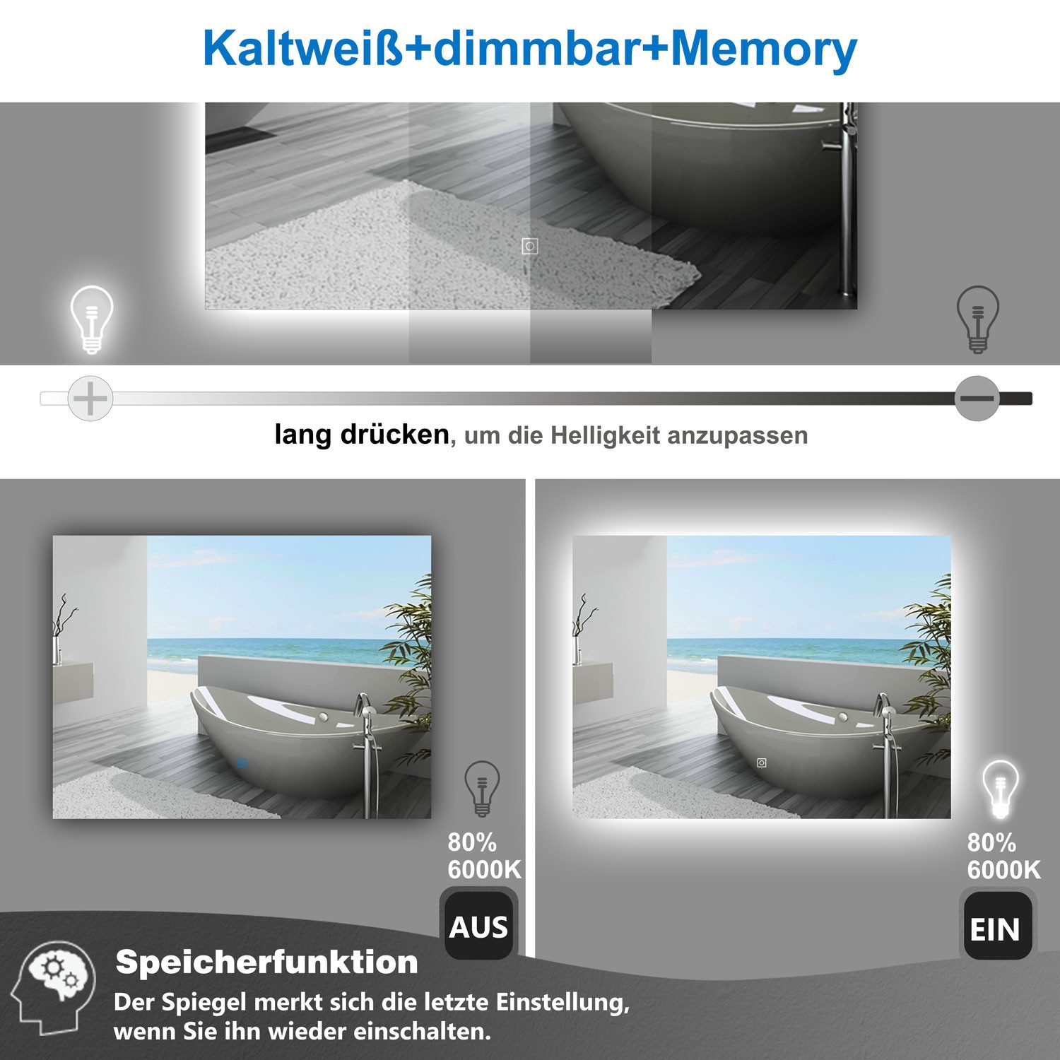 duschspa Badspiegel Kaltweß LED Beleuchtung Wandspiegel Hinterbeleuchtung 50-100cm, Touch/Wandschalter, 1 Stunde Abschaltung