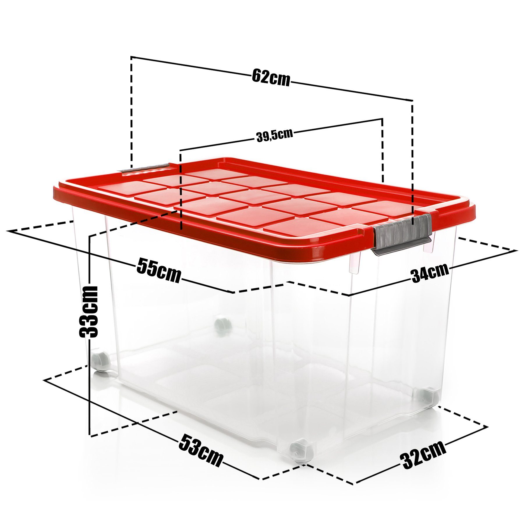 BigDean Aufbewahrungsbox 60 L mit Deckel groß – robuste Stapelbox rollbar mit Klickverschlüssen (Set, 2 St., Aufbewahrungsbox + Deckel + Rollen), Sicher Stapelbar, Platzsparend, Transparent, Rollen, Klickverschlüsse