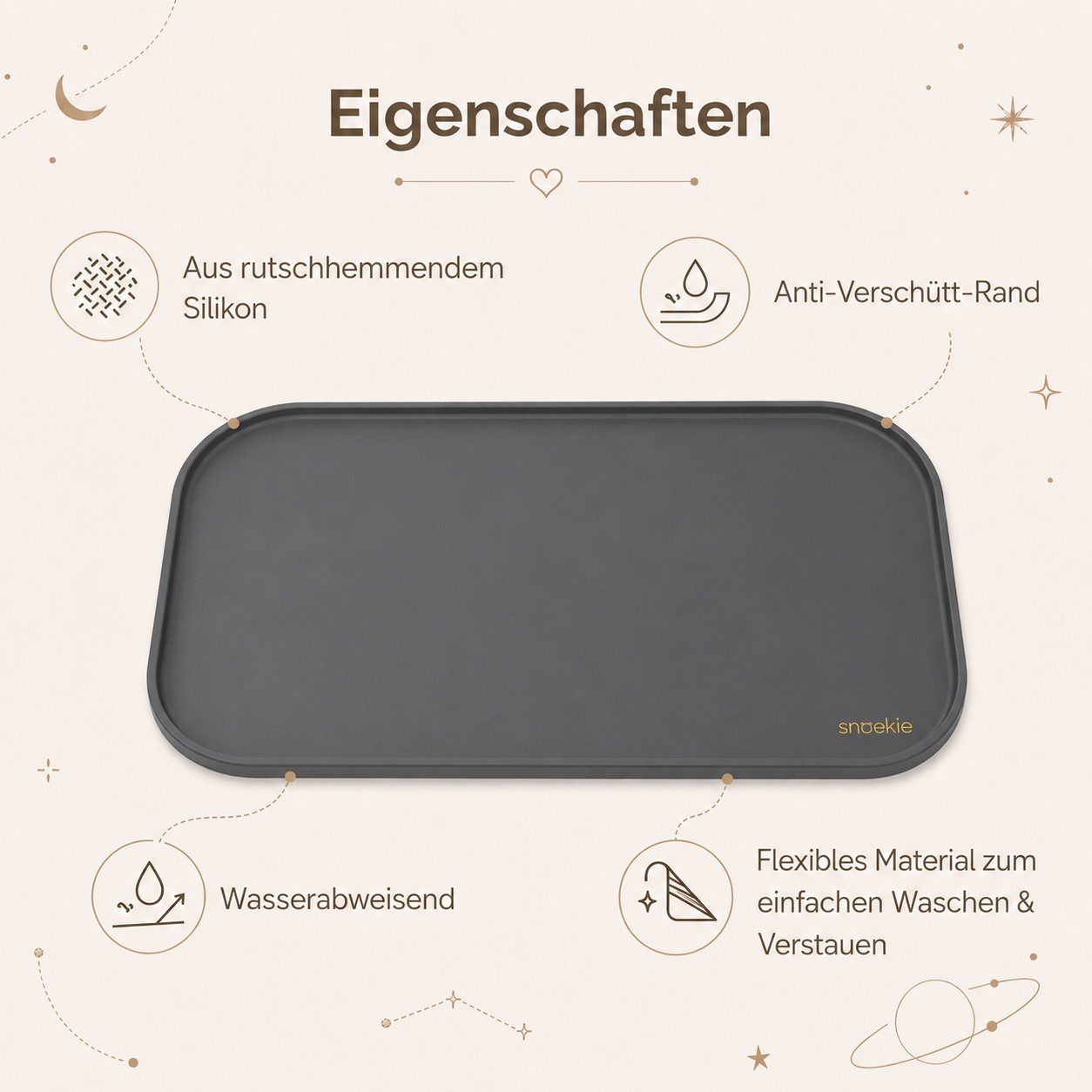 SNOEKIE Napfunterlage snoekie Napfunterlage für Katzen und Hunde, Silikon Futtermatte, wasserabweisend, rutschhemmend, flexibel, Anti-Verschütt-Rand