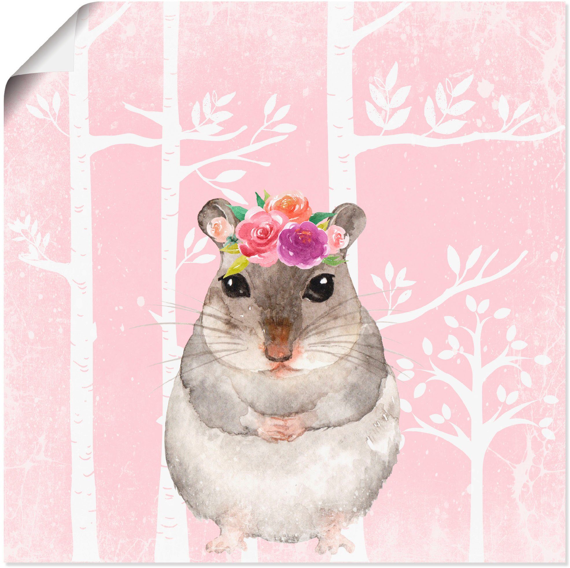Artland Wandbild Hamster mit Blumen im pink Wald, Tiere (1 St), als Alubild, Leinwandbild, Wandaufkleber oder Poster in versch. Größen