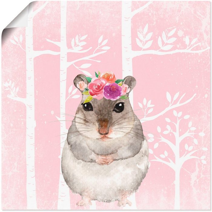 Artland Wandbild Hamster mit Blumen im pink Wald Tiere (1 St) als Alubild Leinwandbild Wandaufkleber oder Poster in versch. Größen
