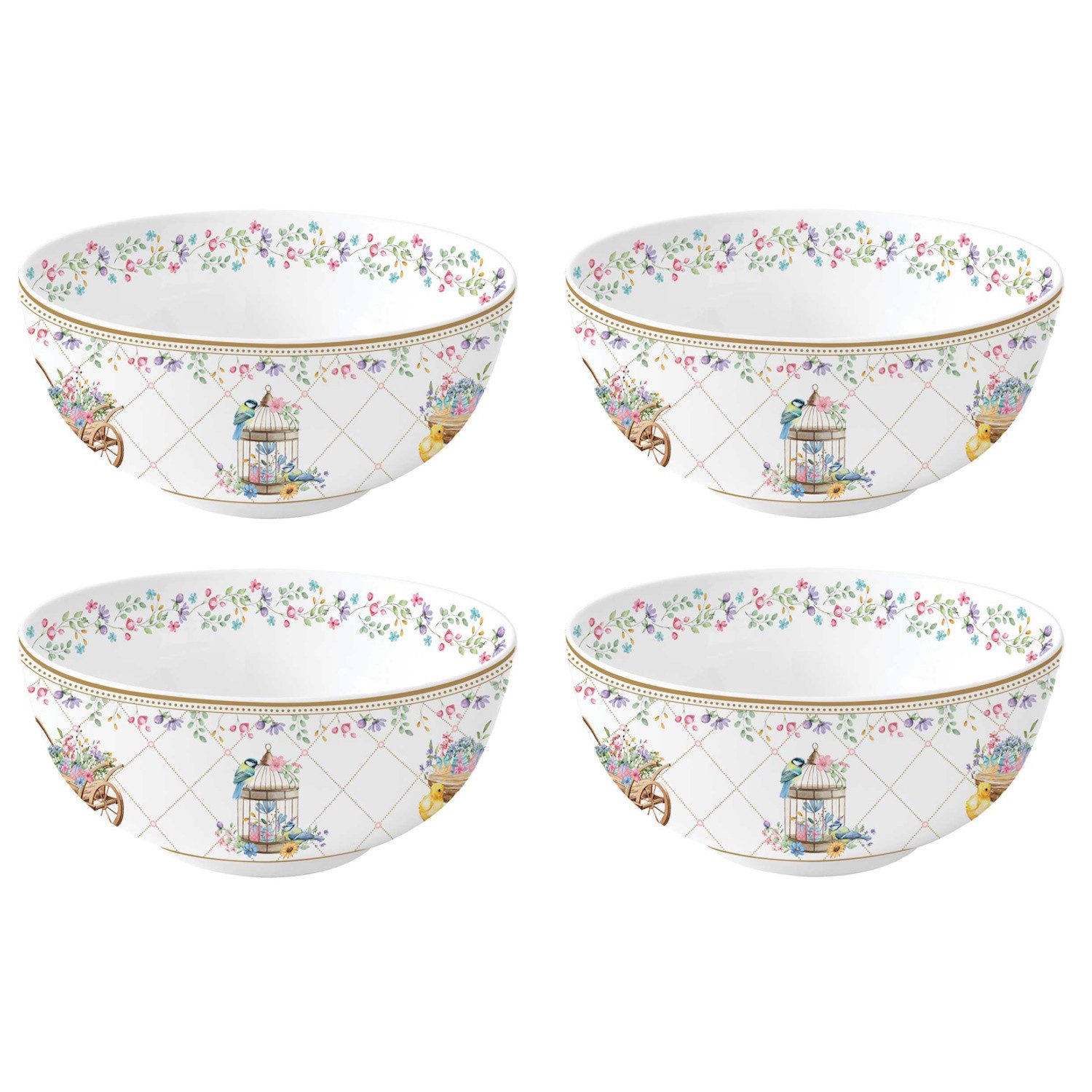 EasyLife Müslischüssel Spring Bloom, Porzellan, Spülmaschinengeeignet, Mehrfarbig, Hasen & Blumenkörbe, H: 7cm
