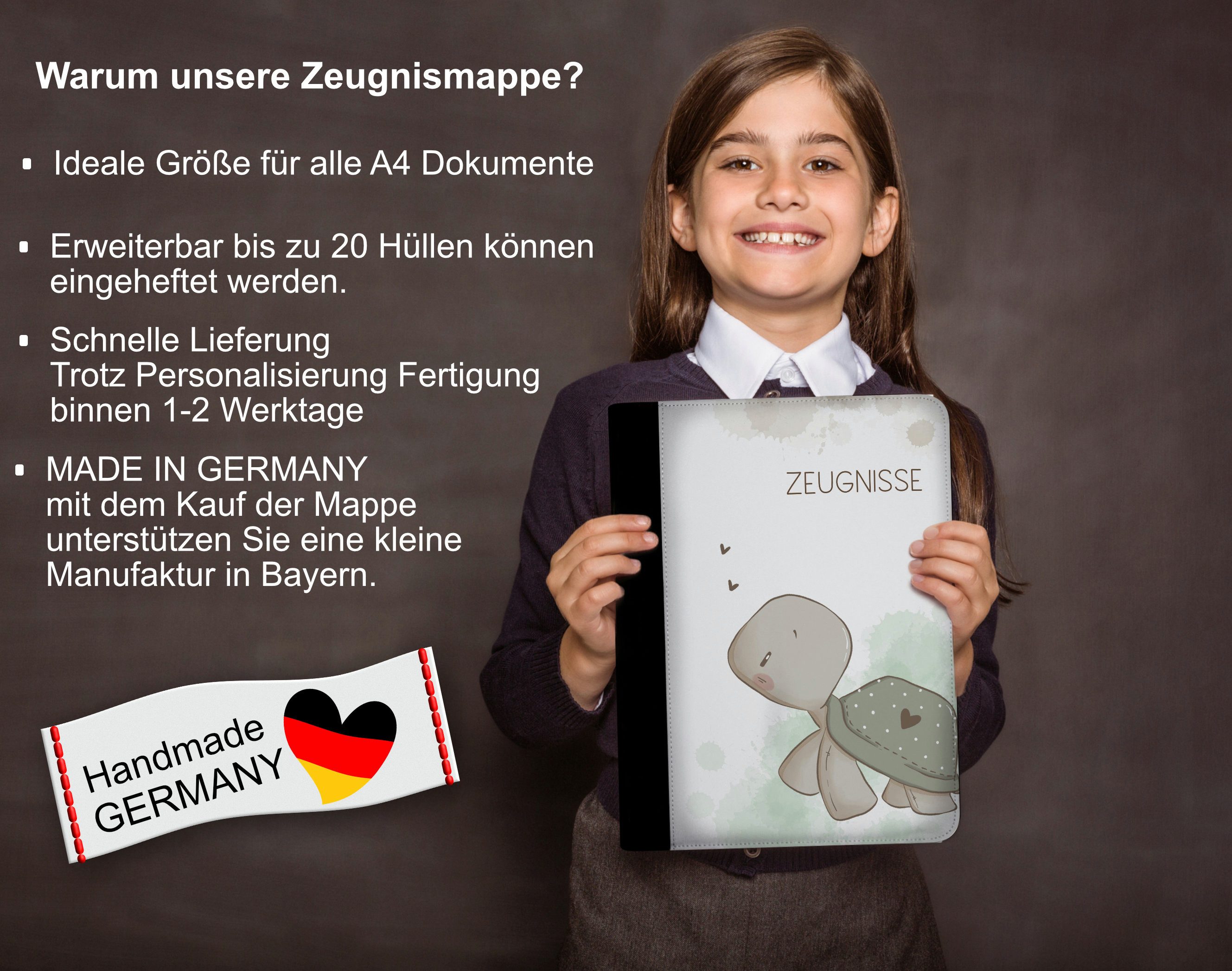 CreaDesign Schreibmappe Kinder Zeugnismappe, Dokumentenmappe, Ordner A4, Schildkröte Pepe (1-St)