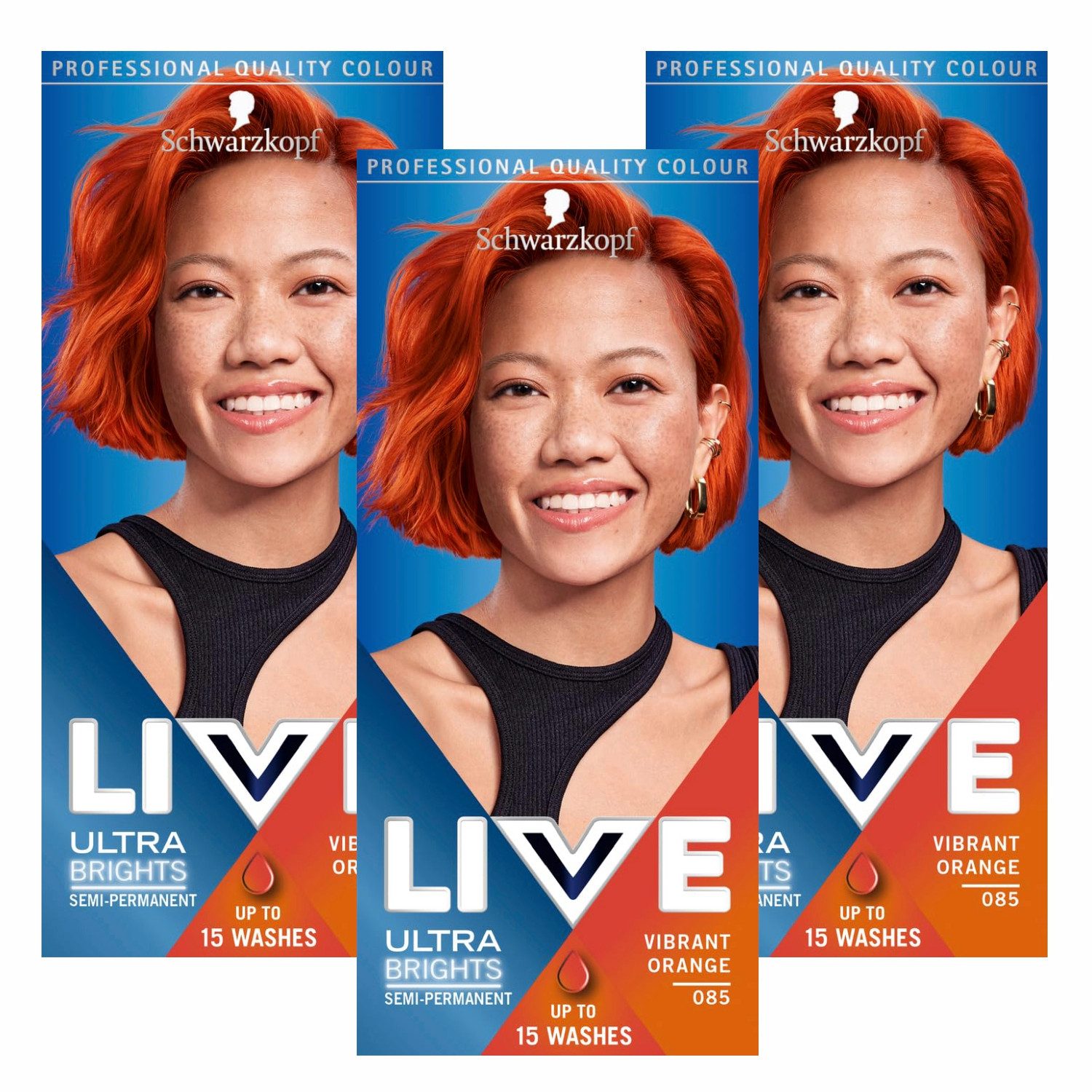 Schwarzkopf Haarfarbe 3x Schwarzkopf LIVE Ultra Brights 085 Vibrant Orange, 3-tlg., Semi-Permanente Haarfarbe von Schwarzkopf