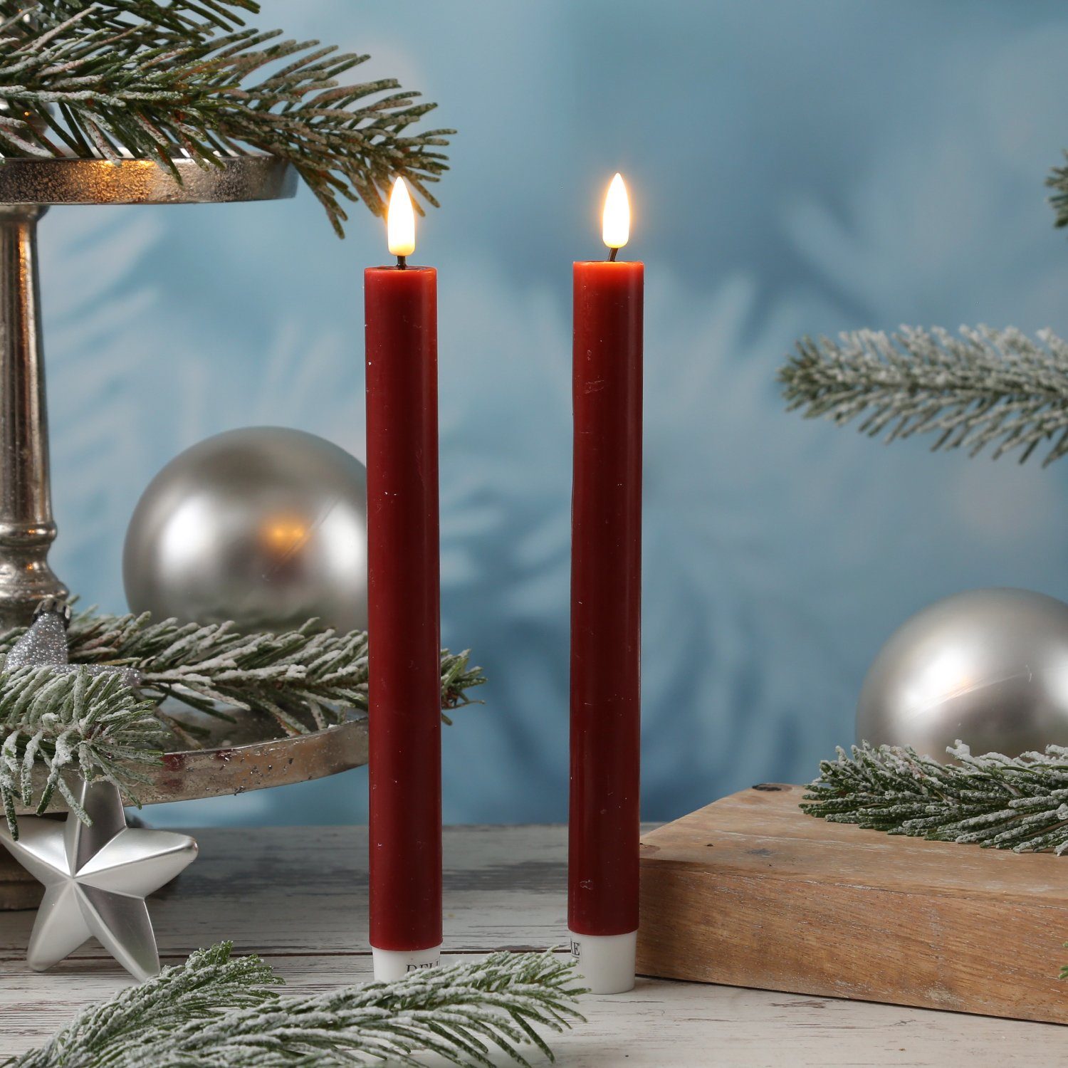 Deluxe Homeart LED-Kerze LED Stabkerzen Mia Tafelkerzen Echtwachs flackernd H: 24cm bordeauxrot (2-tlg)